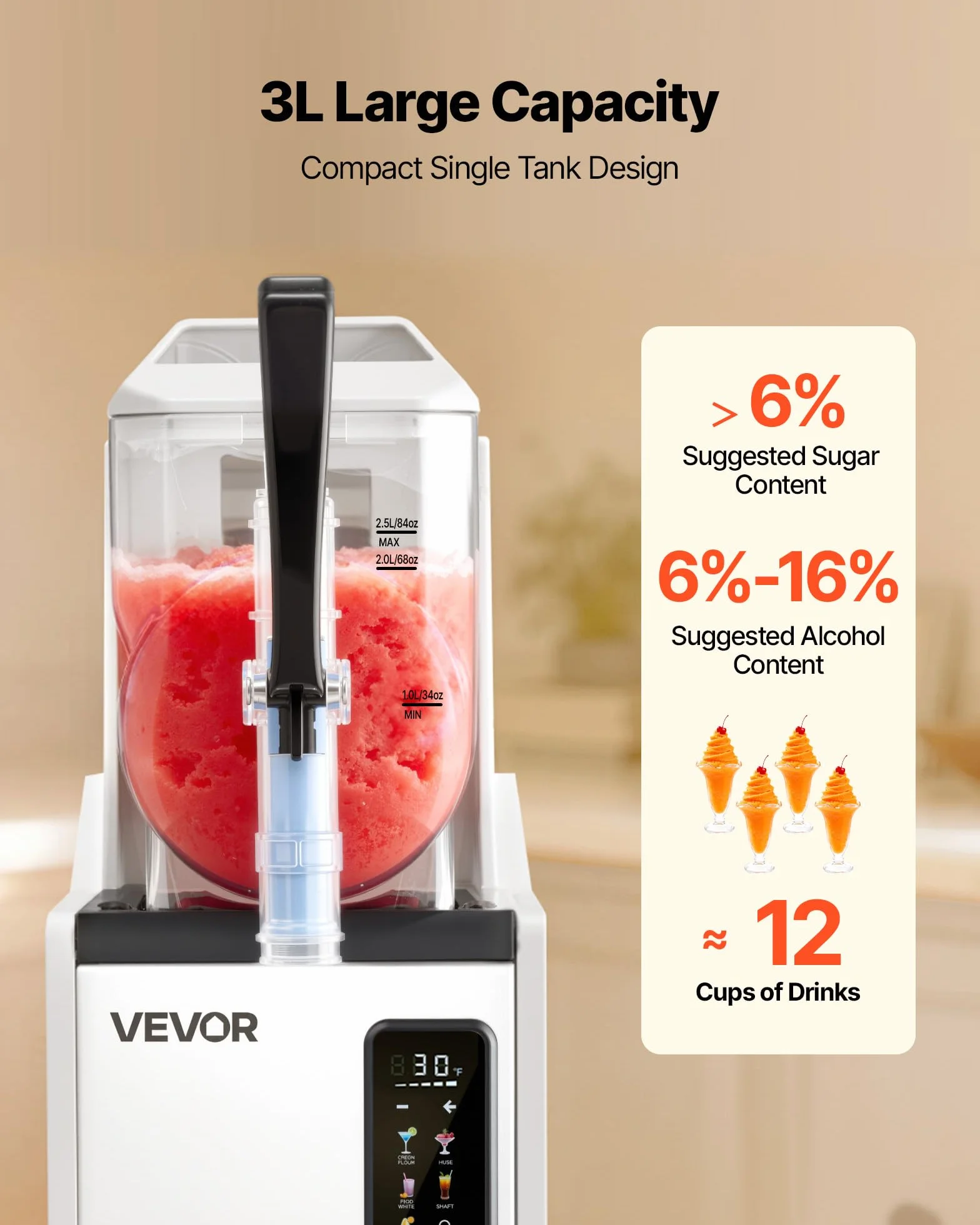 VEVOR Máquina para Hacer Granizados 3 L, Granizadora de Hielo Hogar, 5 Programas, Margaritas Frappés Batidos