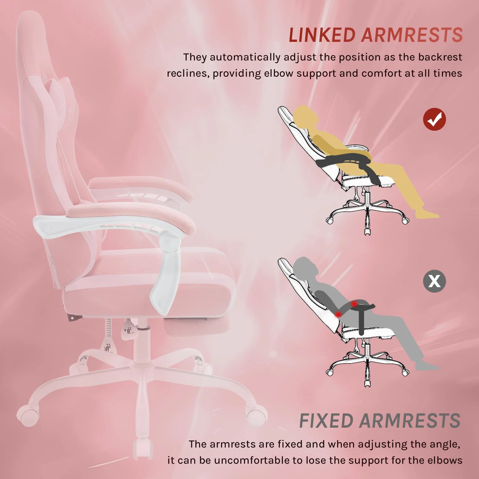 WOLTU Silla de Gaming Ergonómica, Soporte Lumbar Masaje, Reposapiés Extraíble, 150 kg, Malla, Rosa+Blanco