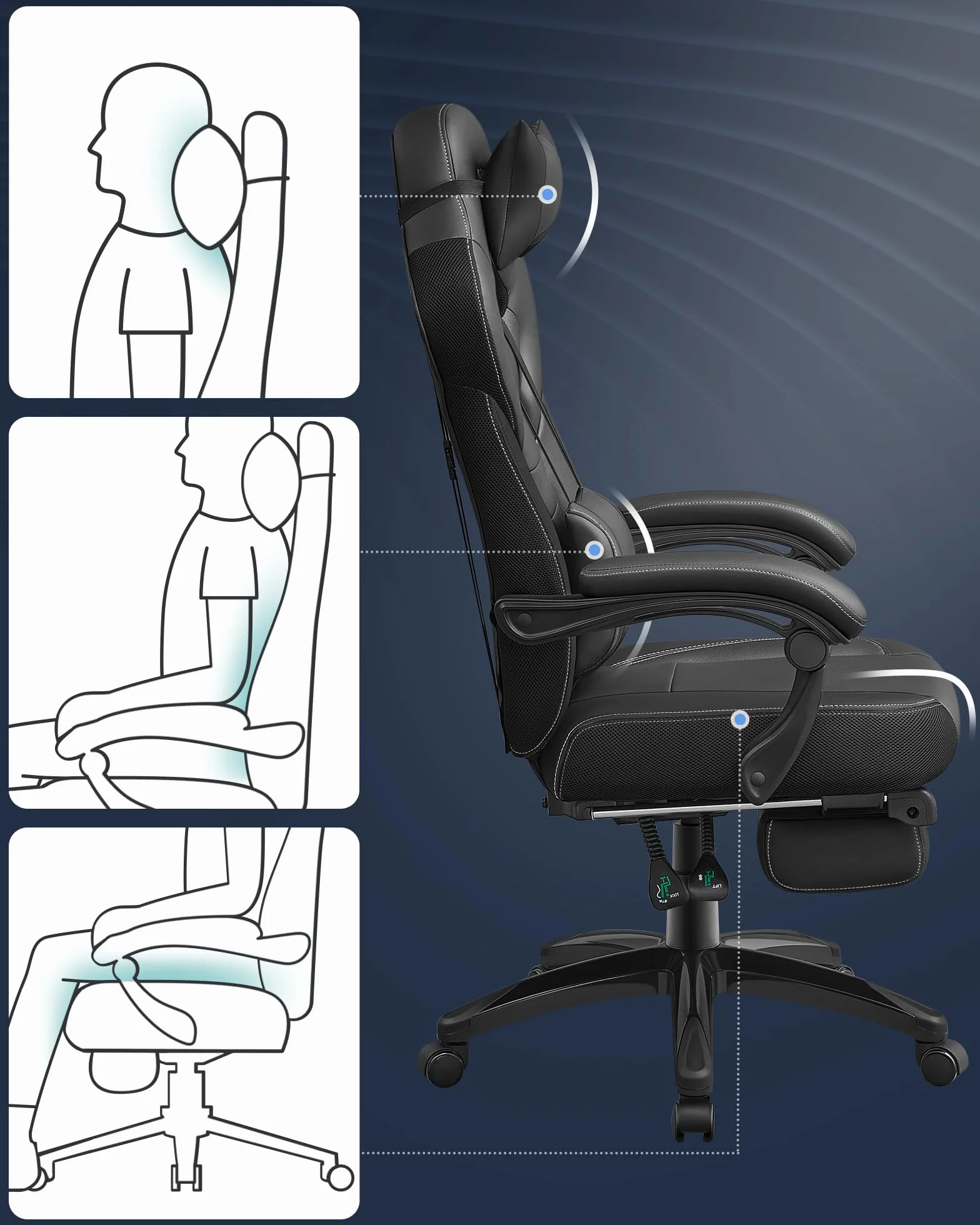 SONGMICS Silla Gaming Ergonómica con Reposapiés y Reposacabezas Ajustable, 150 kg, Negro
