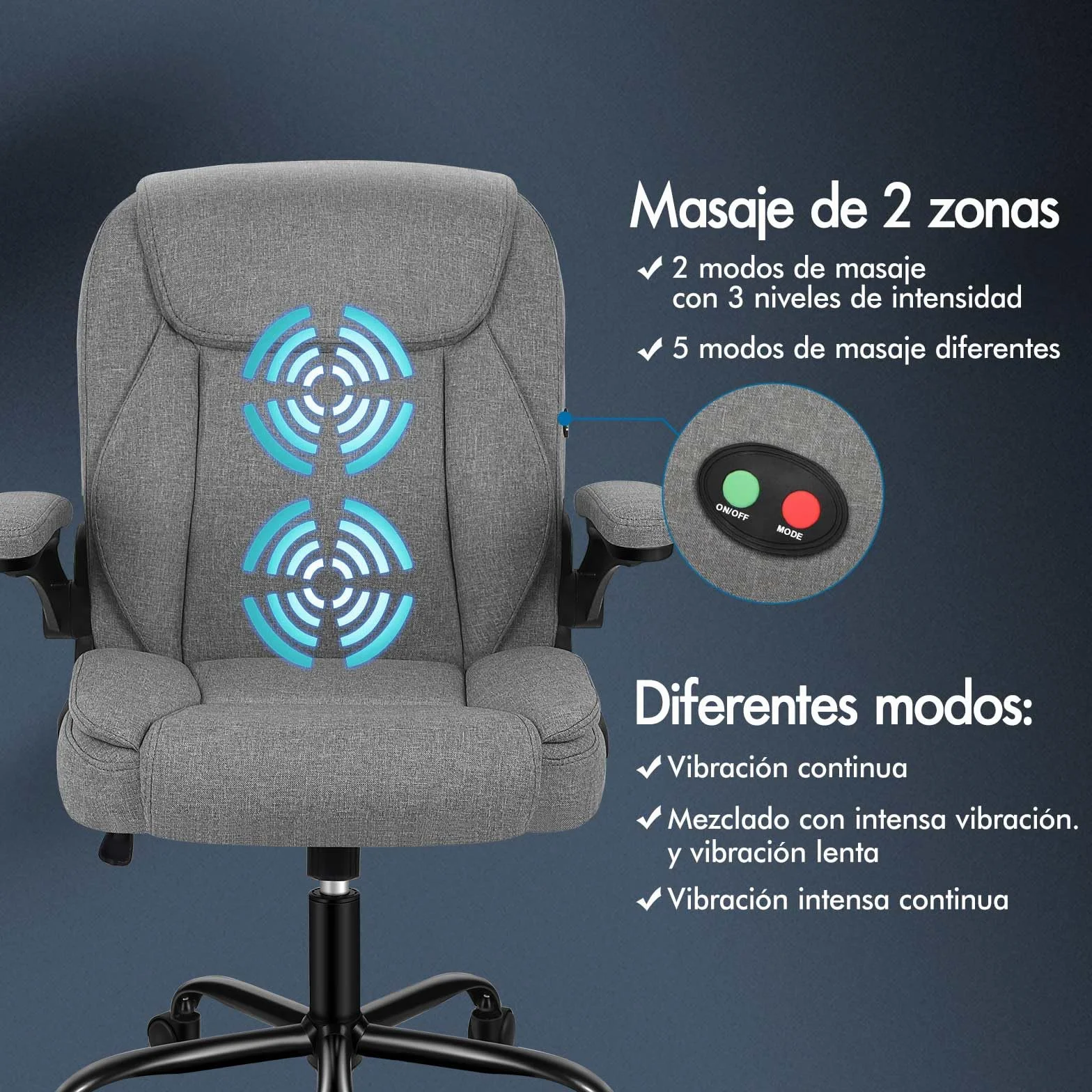 ALFORDSON Silla Oficina Ejecutiva con Masaje, Ergonómica Escritorio Reposabrazos Abatible, Inclinación, Respaldo Medio, Tela de Lino Gris