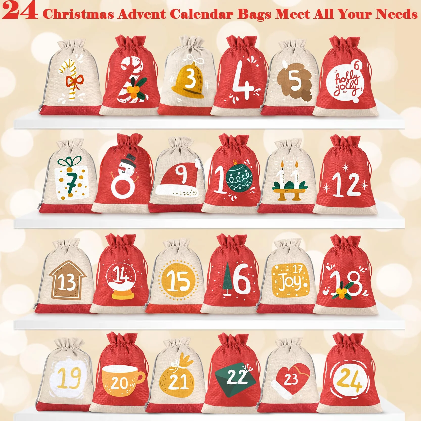 Calendario Adviento para Rellenar Tela 2025, 18x13 cm, Bolsas de Yute DIY 24 Piezas