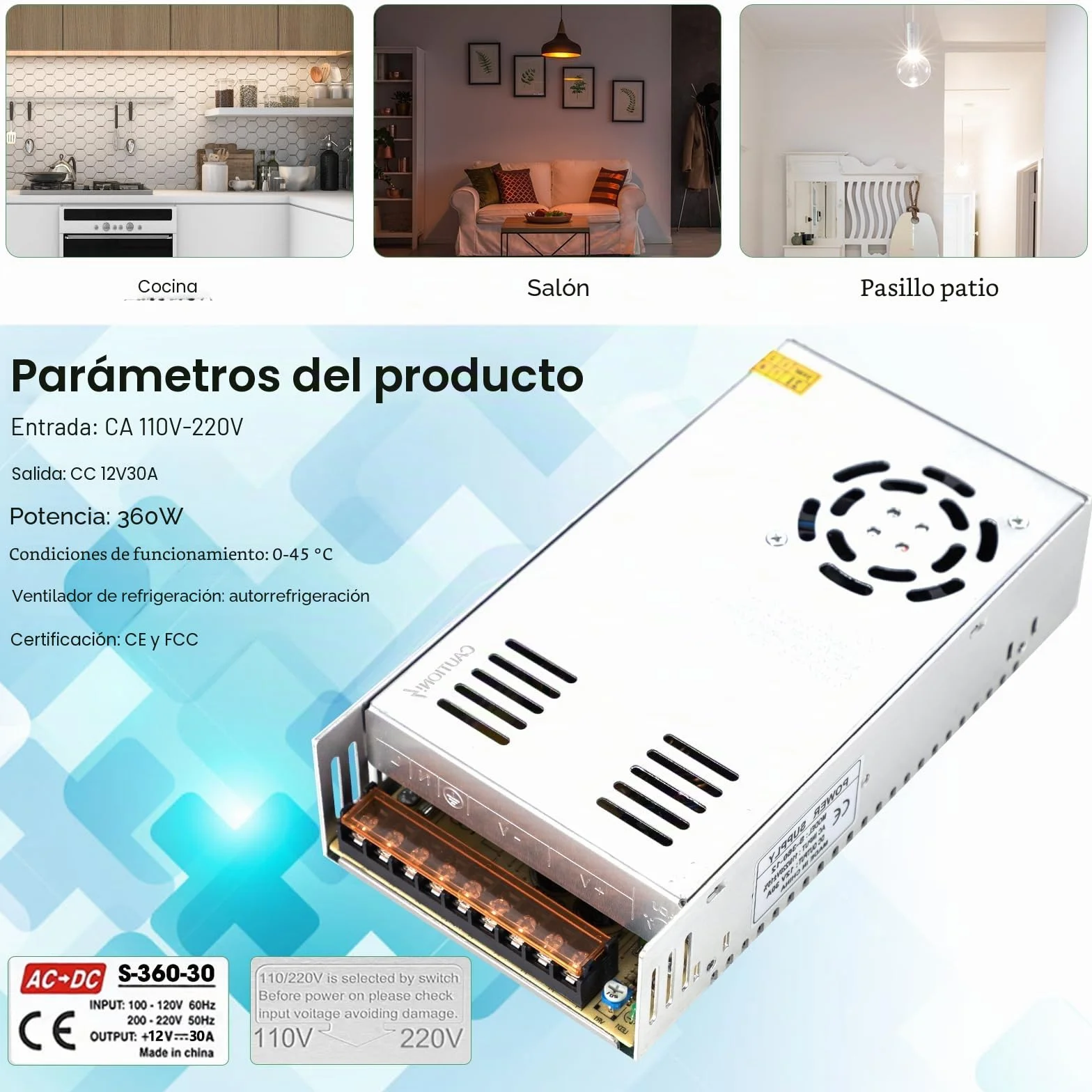12V 30A Fuente de alimentación DC 30A 360W Adaptador Transformador Alimentación Conmutada para Impresoras 3D, CCTV, Tira LED Luces, Industrial