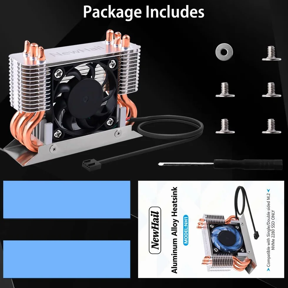 12V M.2 2280 SSD Disipador con 40mm PWM Ventilador, Tubo de Cobre y Thermal Pad, SSD Enfriador para M.2 2280 NVMe & SATA SSD Solo