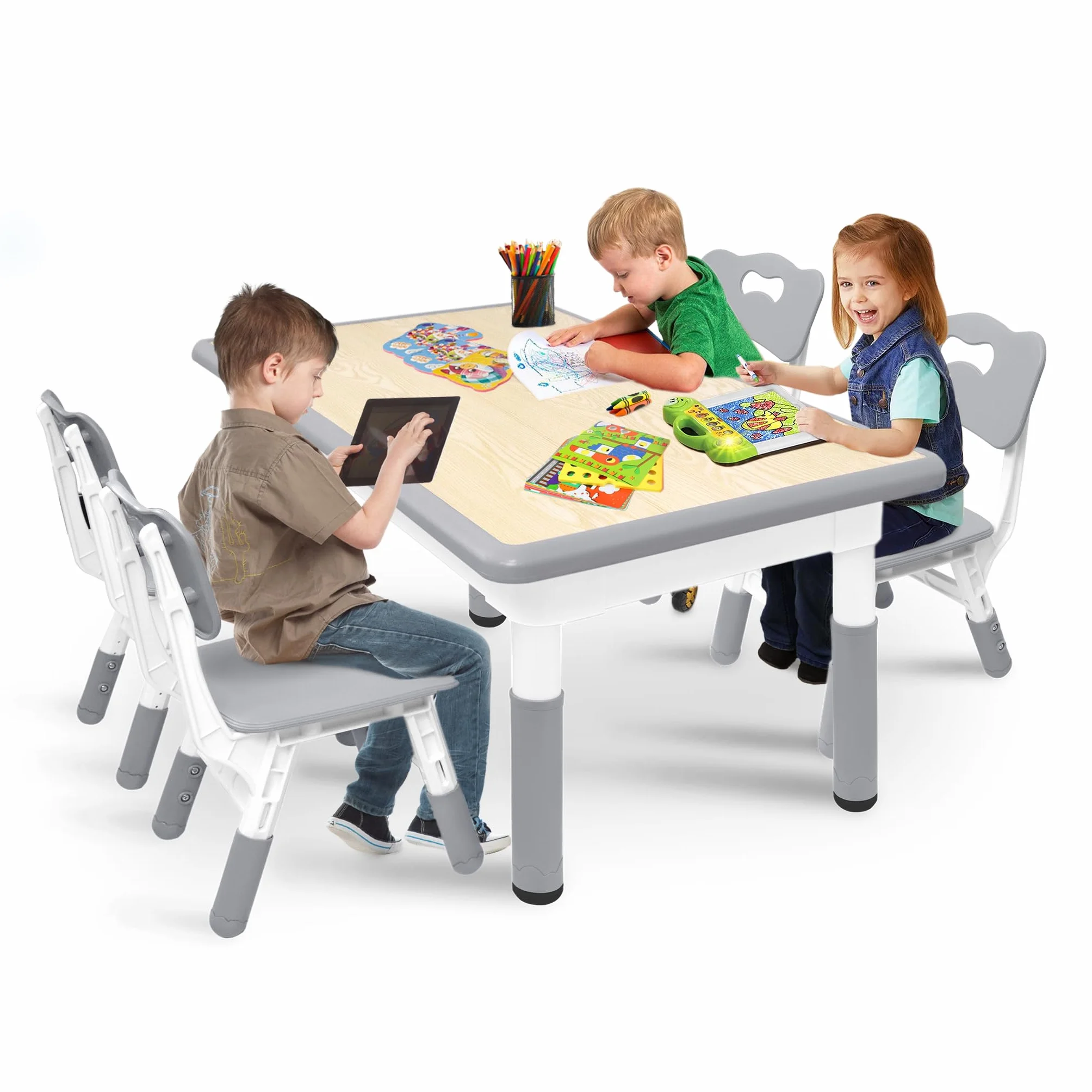 UISEBRT Mesa infantil con 4 sillas, grupo de asientos para niños a partir de 2 años, juego de mesa de plástico para guarderías y habitaciones infantiles, color gris