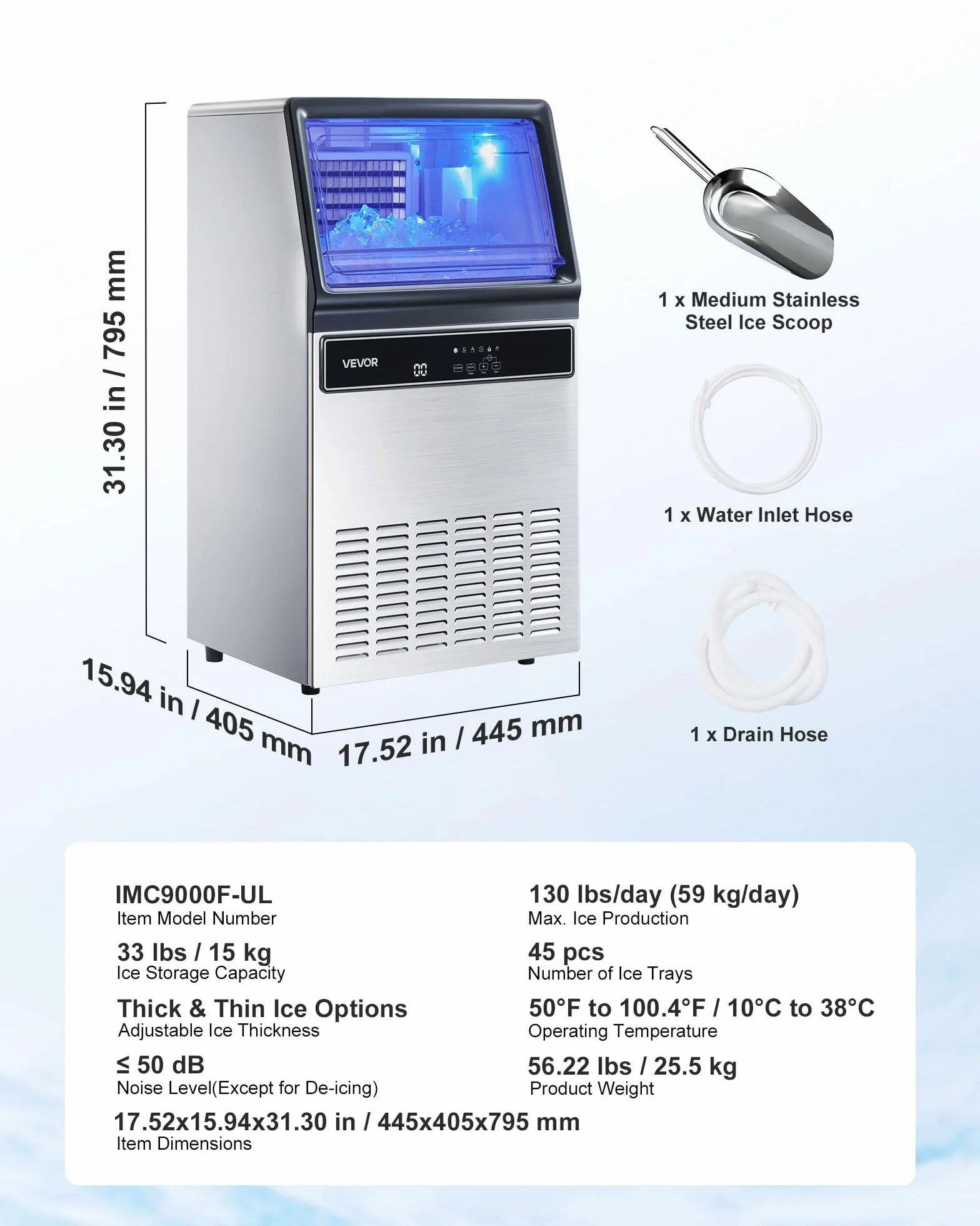 VEVOR Máquina para Fabricar Hielo 54,4 kg/24 h 15 kg Almacenamiento Acero Inoxidable Independiente Encimera Pantalla LED Autolimpieza
