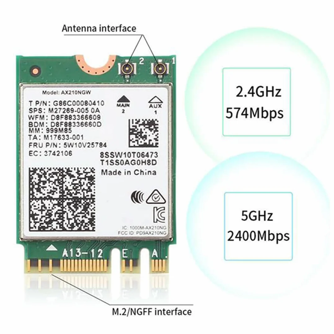 Wi-Fi 6E AX210 Tarjeta InaláMbrica 2400Mbps Bluetooth 5.2 Kit de Escritorio 802.11Ax 2.4G/5Ghz/6Ghz AX210NGW, con Antena 10DBi