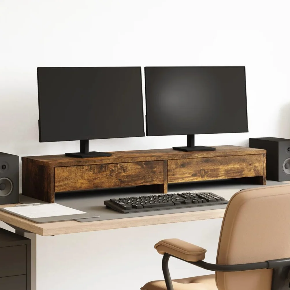 Soporte de monitor con cajones de roble ahumado para escritorio y dormitorio