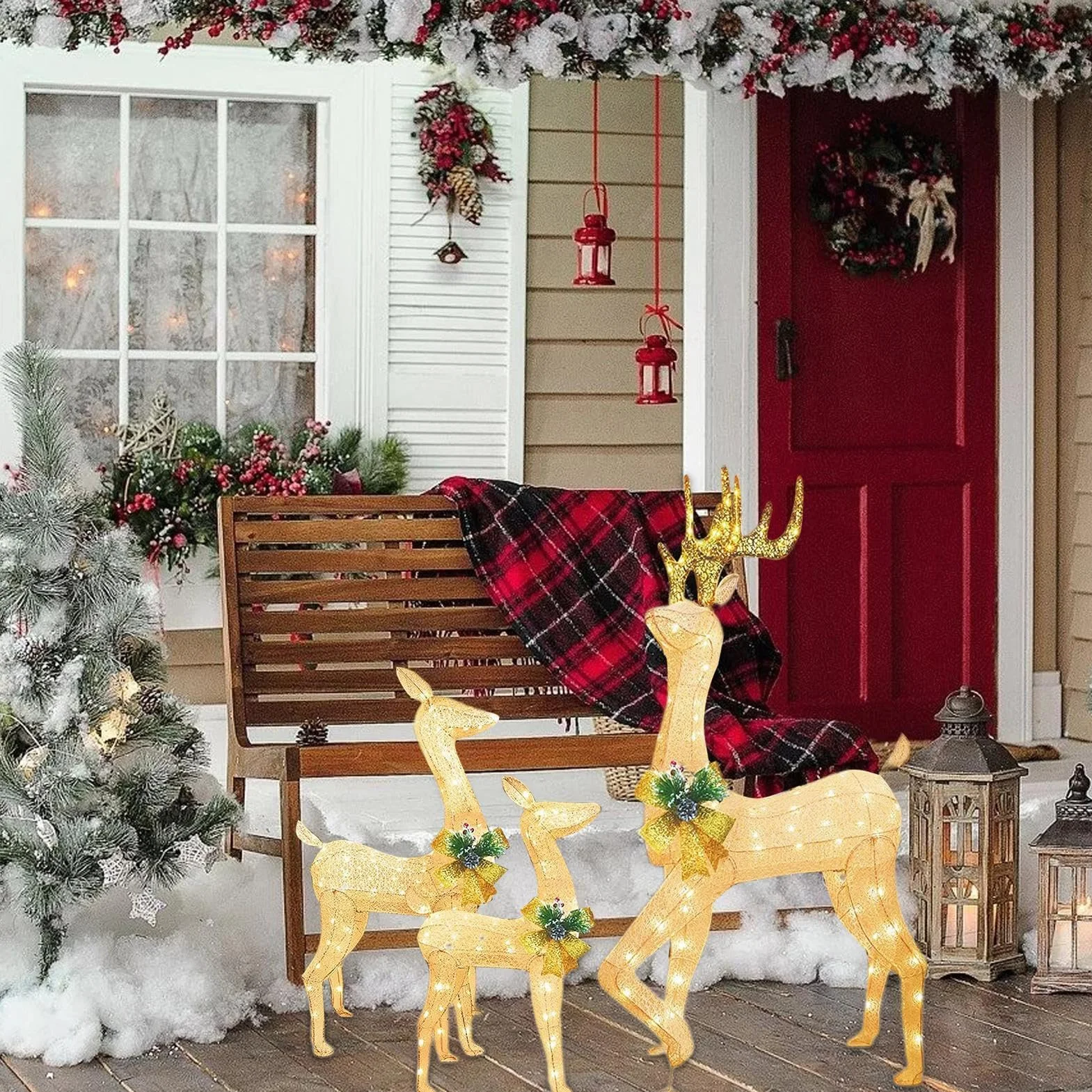 Decoración navideña de Reno con Luces LED, Juego de Ciervos de Navidad para Exteriores, 3 Piezas