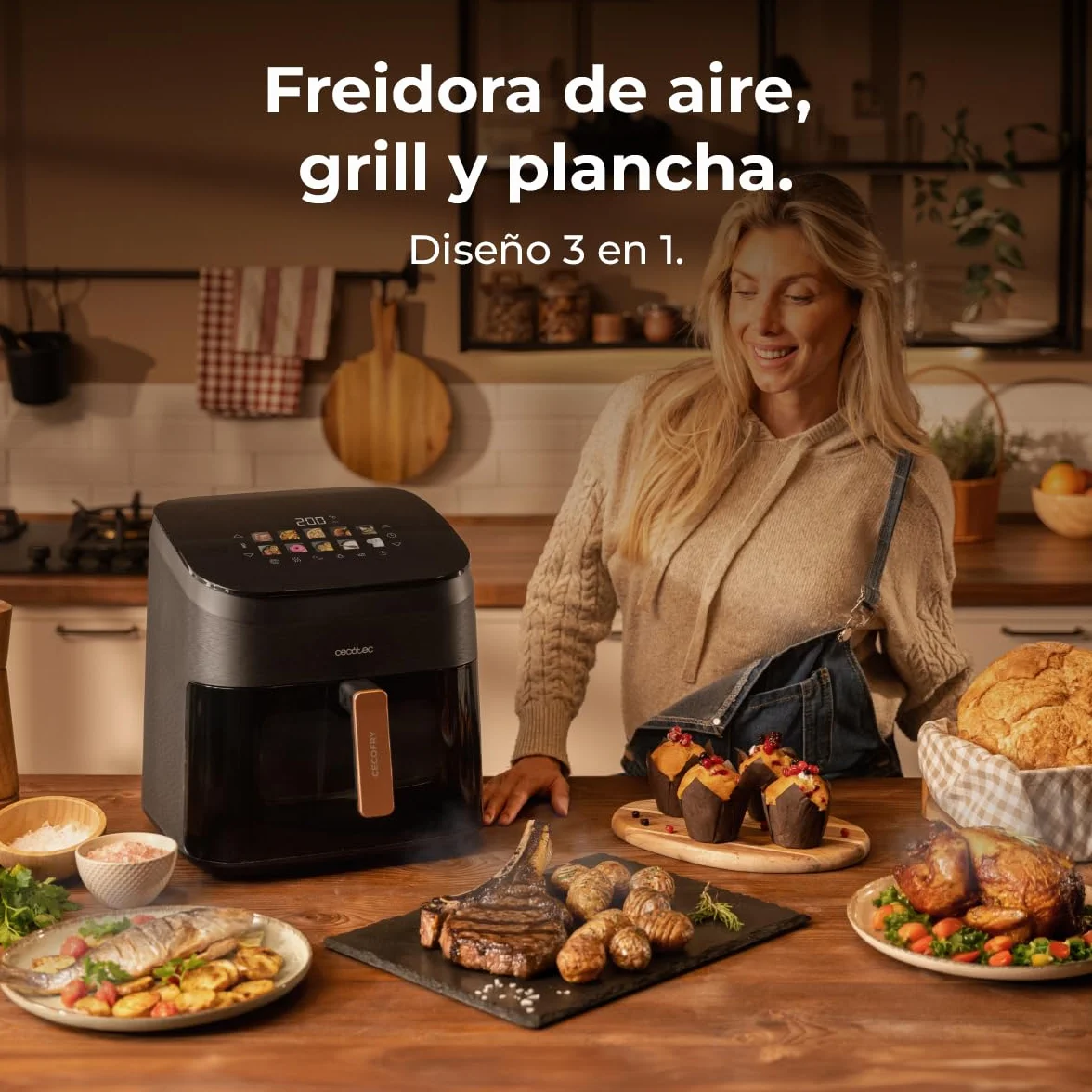 Cecotec Freidora de Aire 8,5L Doble Grill Ahumador Cecofry&Grill Smokin' 8500 Plus 2200W 10 Menús