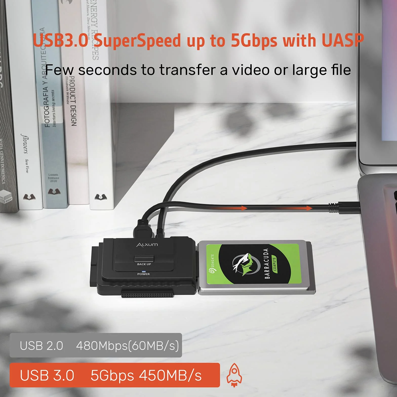 Alxum Adaptador de Disco Duro IDE SATA a USB C, Lector de Disco Duro IDE a USB para HDD de 2,5 / 3,5 Pulgadas y HDD / SSD SATA, con Fuente de alimentación de 12 V / 2 A y Cable USB-C