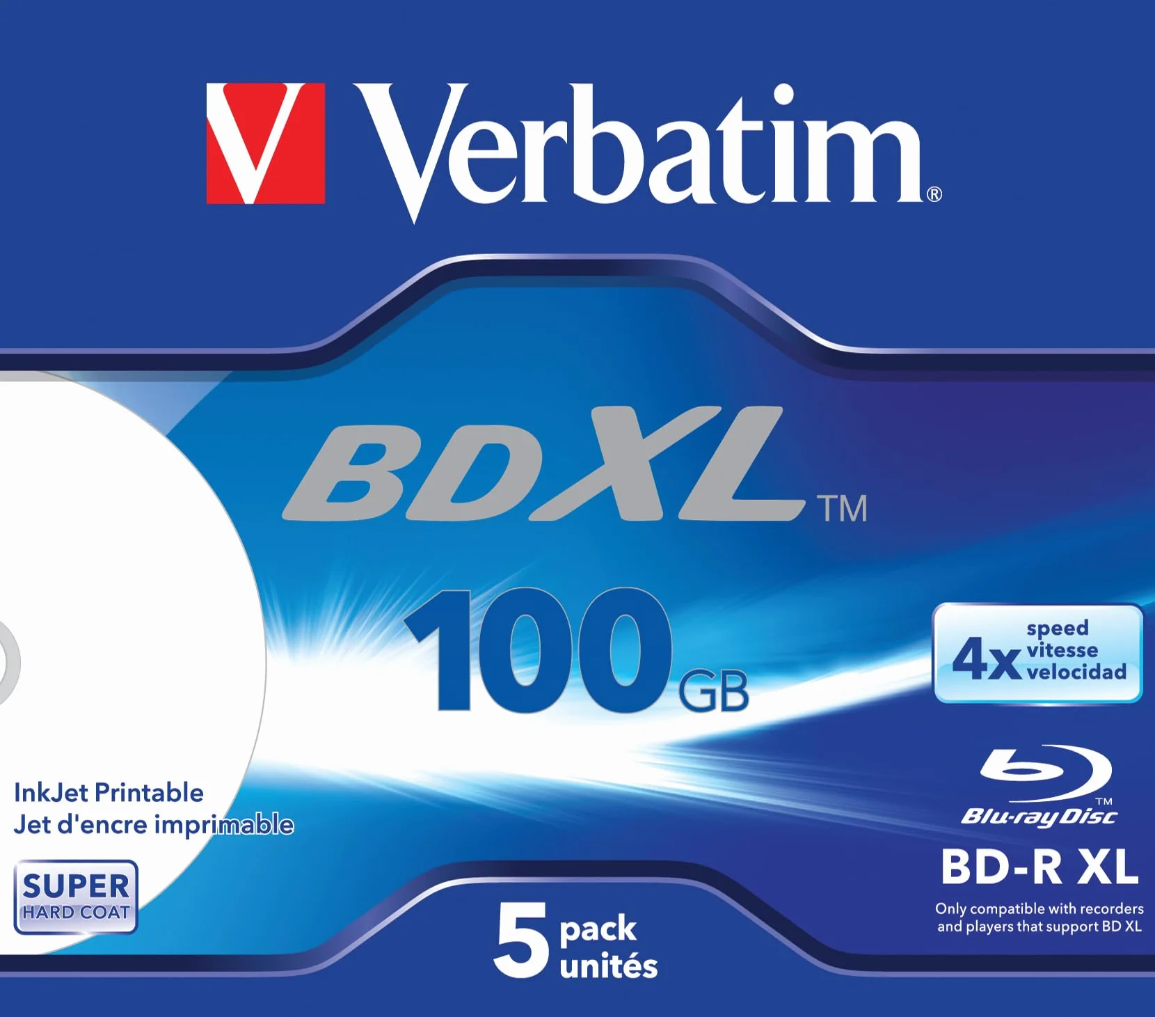 Verbatim BD-R Single Layer 4x Burn Speed, superficie imprimible Scratchguard Plus, paquete de 5, 43789