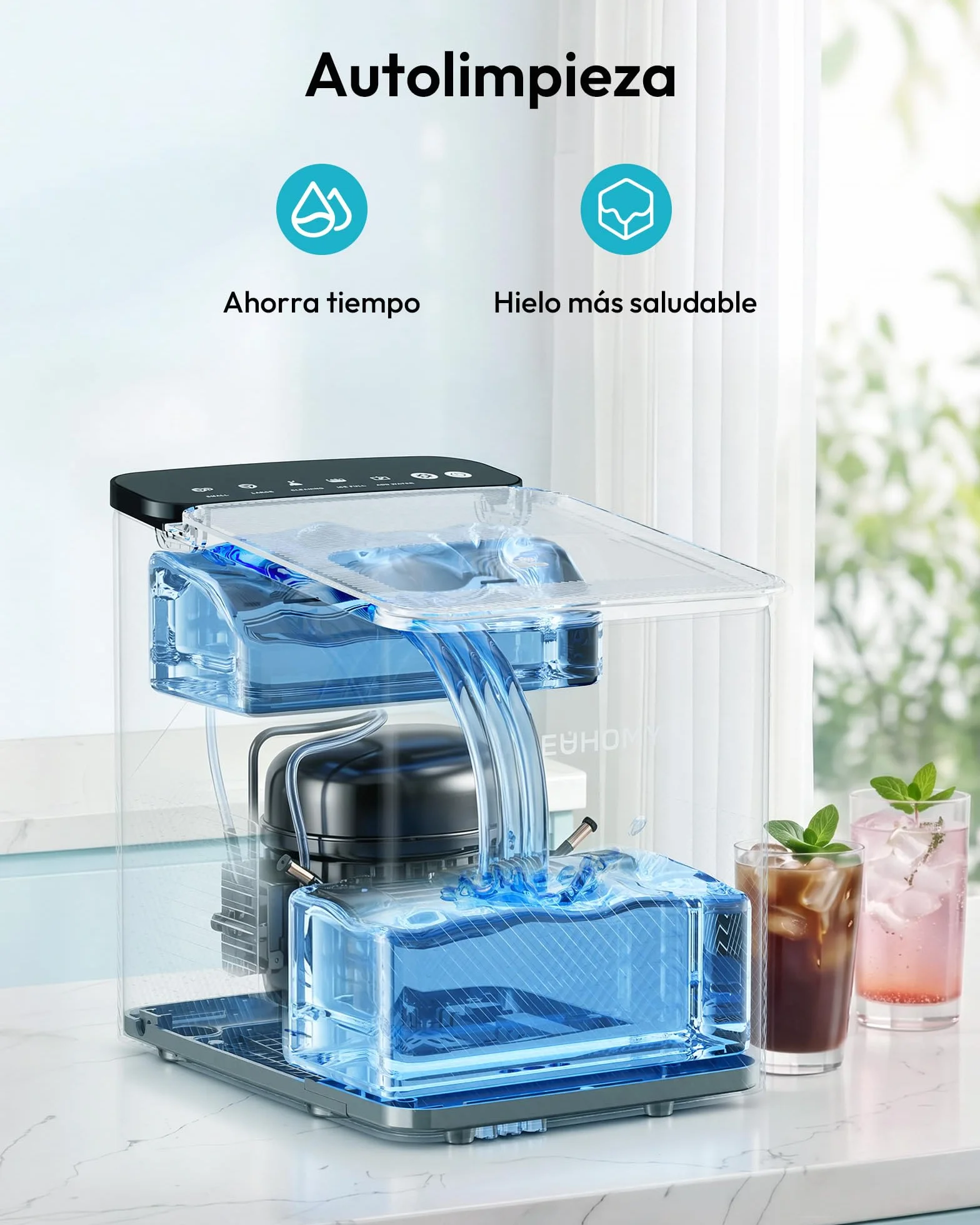 EUHOMY Máquina de hielo compacta, 9 cubitos, 2 tamaños, limpieza automática, negro