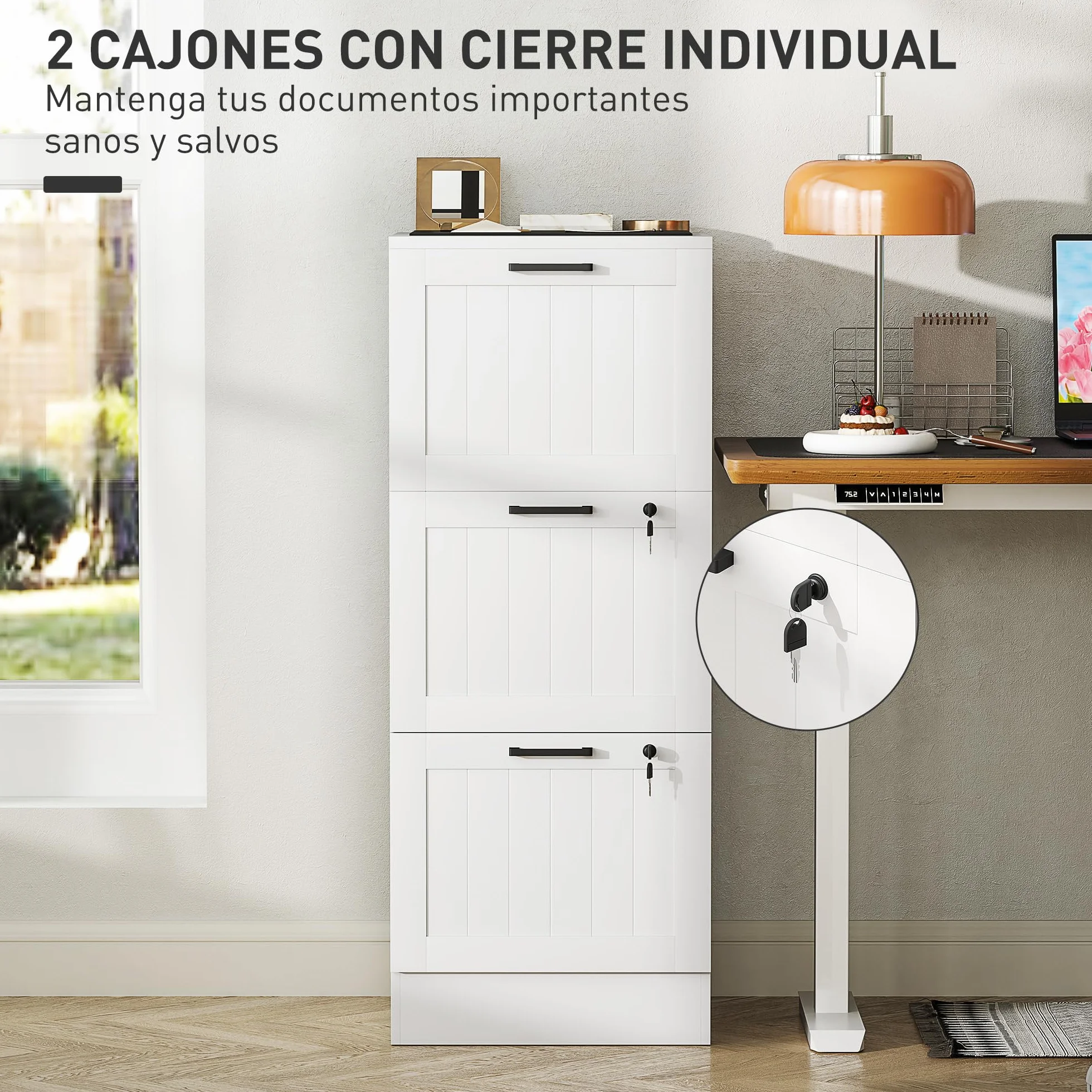 HOMCOM Cajonera Escritorio 3 Cajones, Mueble Archivador, 2 Cerraduras, Riel Colgante A4, 40x40x101 cm, Blanco