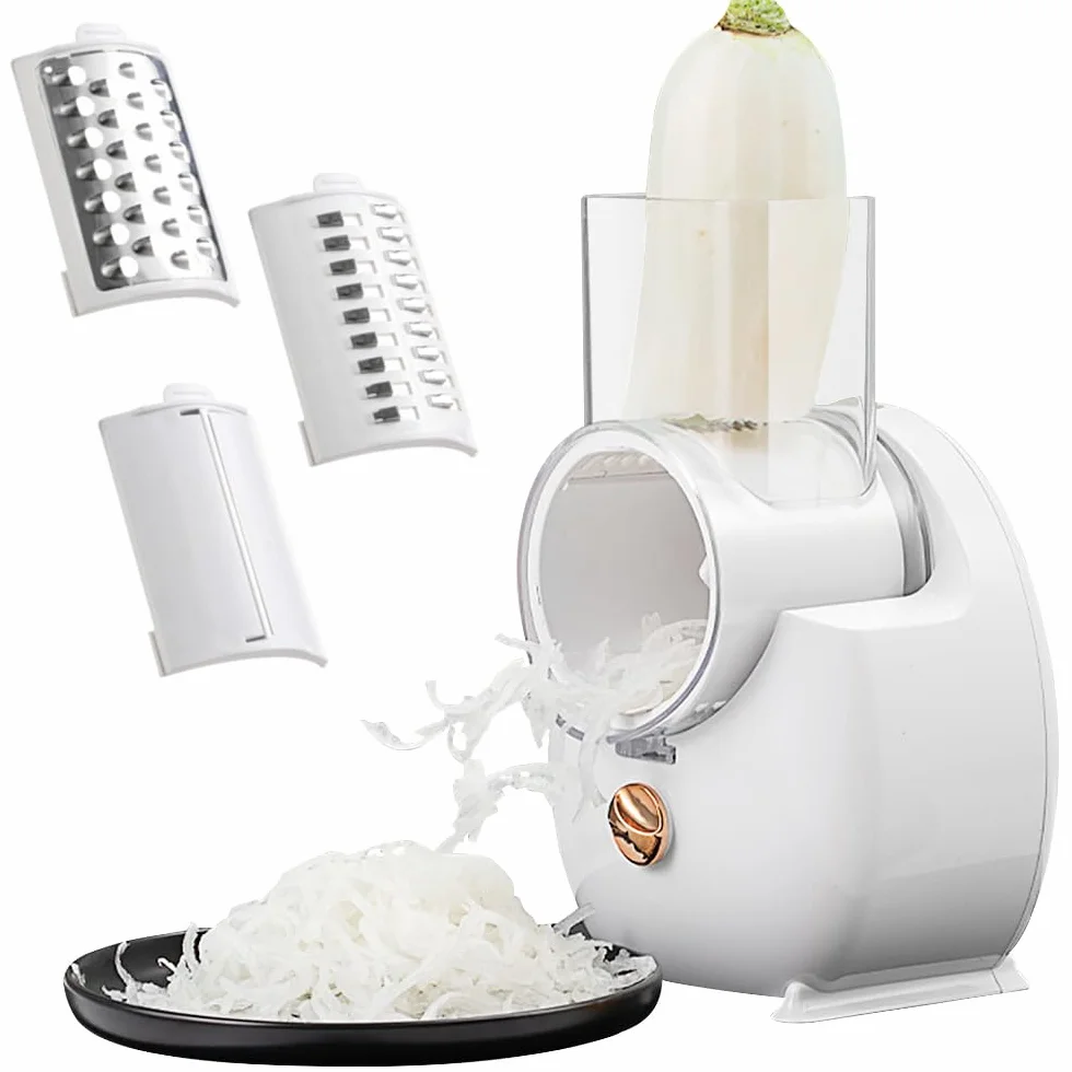 Rallador eléctrico de queso, cortador de verduras profesional, cuchillas multicono, acero
