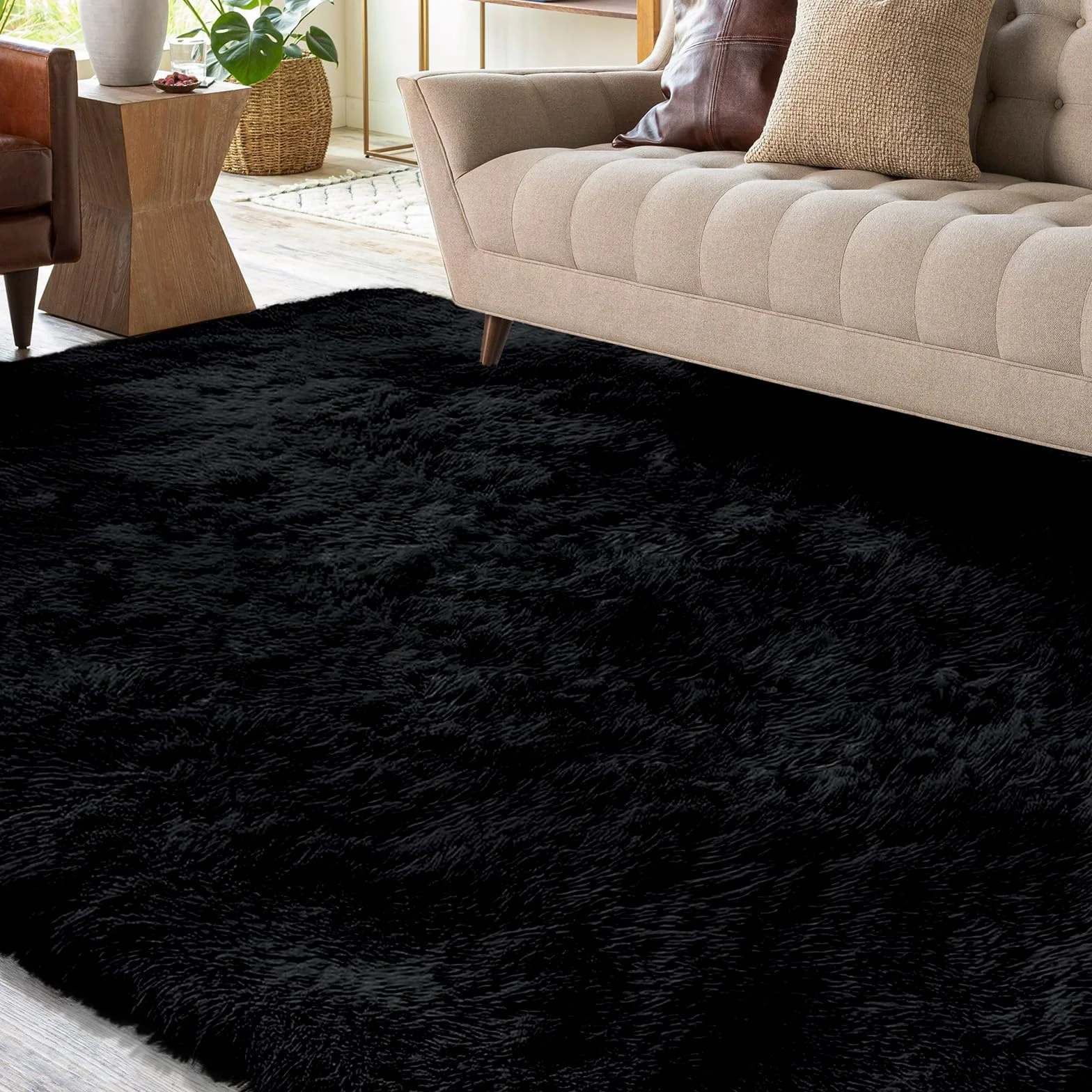 XSIVOD Alfombra mullida de pelo largo, color negro, lavable, 120 x 160 cm, para salón y dormitorio, antideslizante, moderna y suave para habitación infantil
