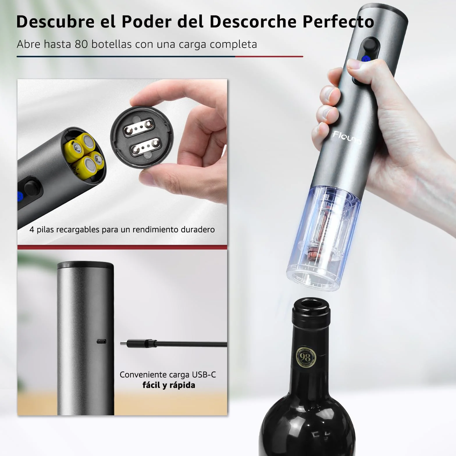 Flauno Sacacorchos Eléctrico 6 en 1 Recargable con Abridor de Vino, Corta Cápsulas, Vertedor y Tapón
