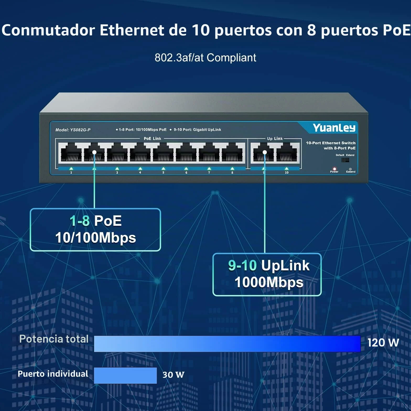 YuanLey 10 Port PoE Switch, 8 PoE+ Port 100Mbps, 2 Uplink Gigabit, 120W 802.3af/at, Función de Extensión, Sin Ventilador, Metal, Plug & Play