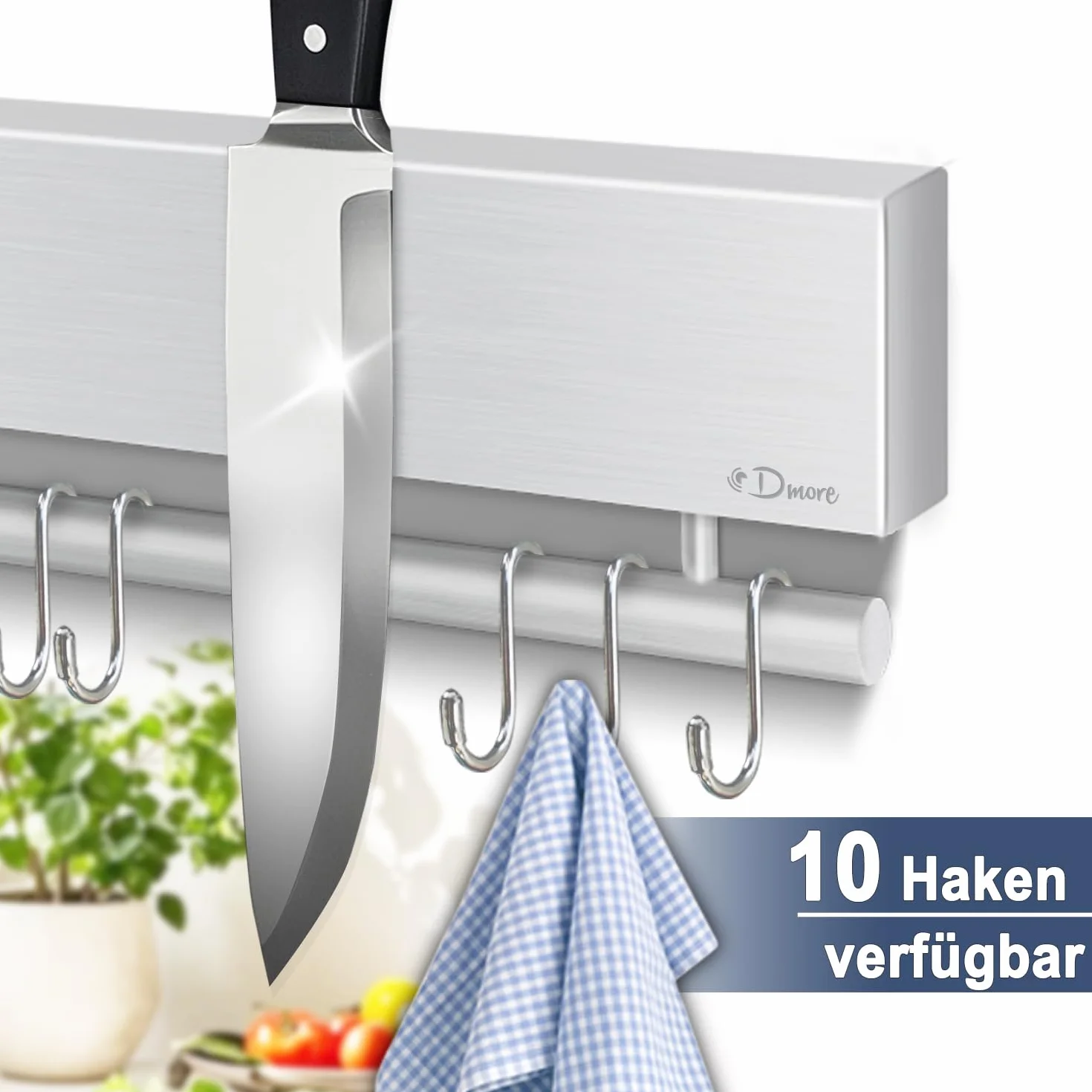 Barra magnética para cuchillos 43 cm acero inoxidable imán extrafuerte 10 ganchos