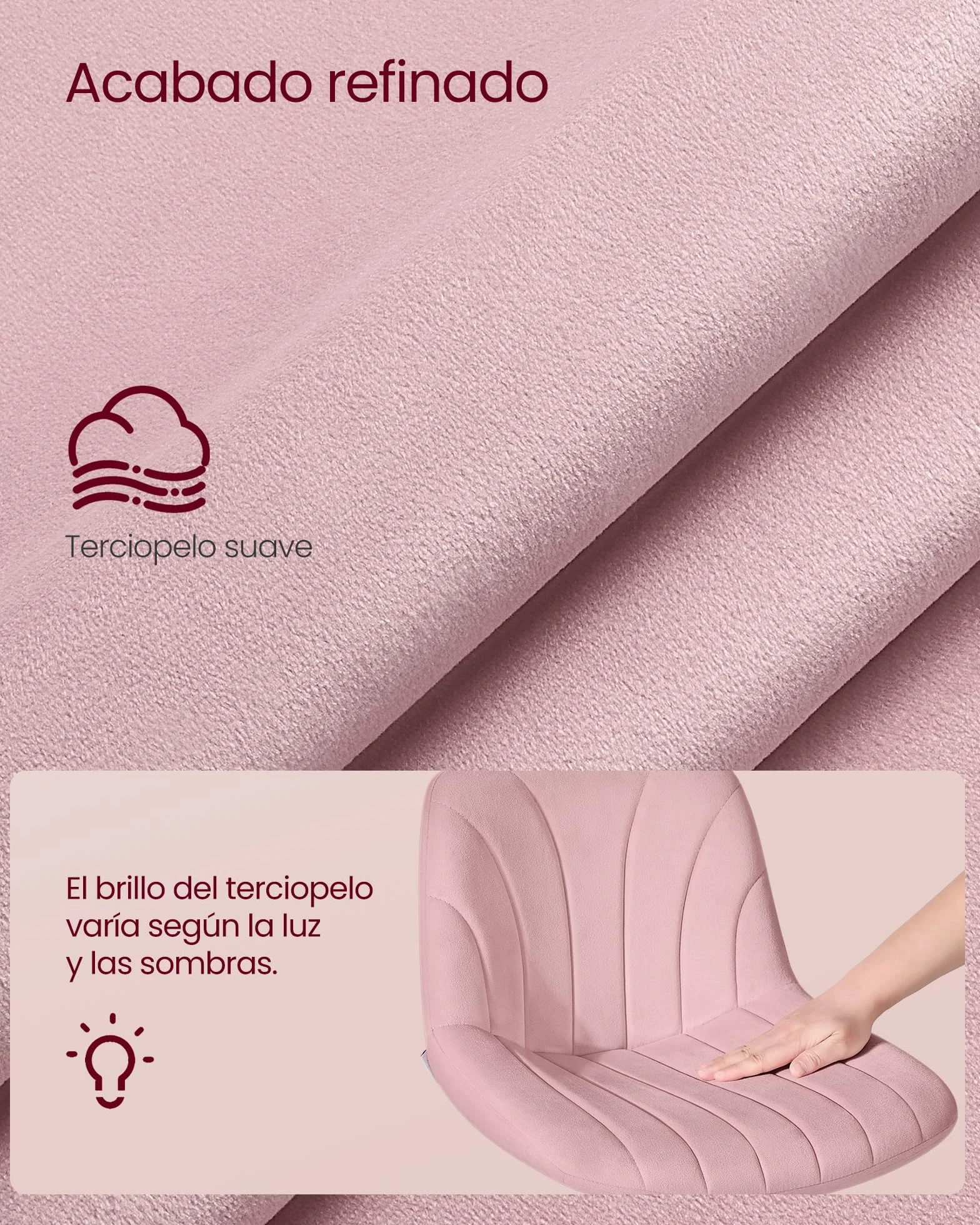 VASAGLE Taburete Tocador con Respaldo Altura Regulable Giro 360° Terciopelo Rosa Jalea