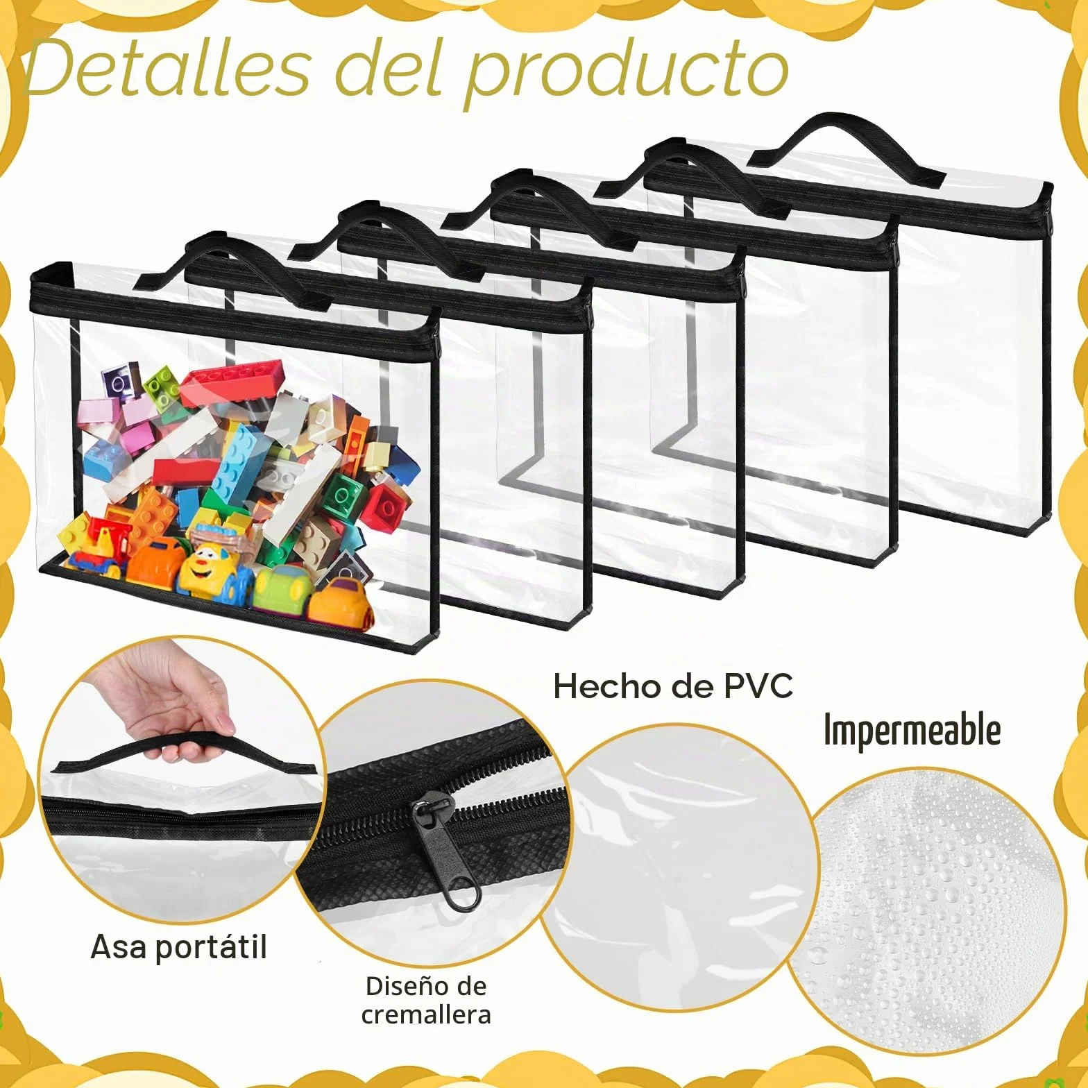 Bolsas grandes de almacenamiento para juguete, organizador PVC impermeable transparente con cremallera y asas