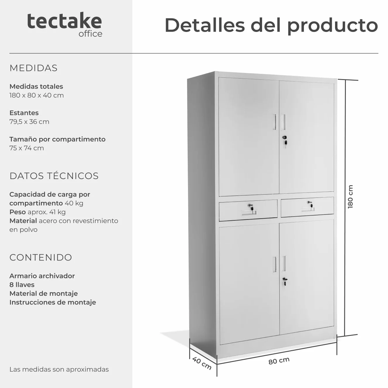 Armario Archivador Oficina Acero 180x80x40 cm Gris Claro 4 Puertas 2 Cajones 3 Estantes Ajustables