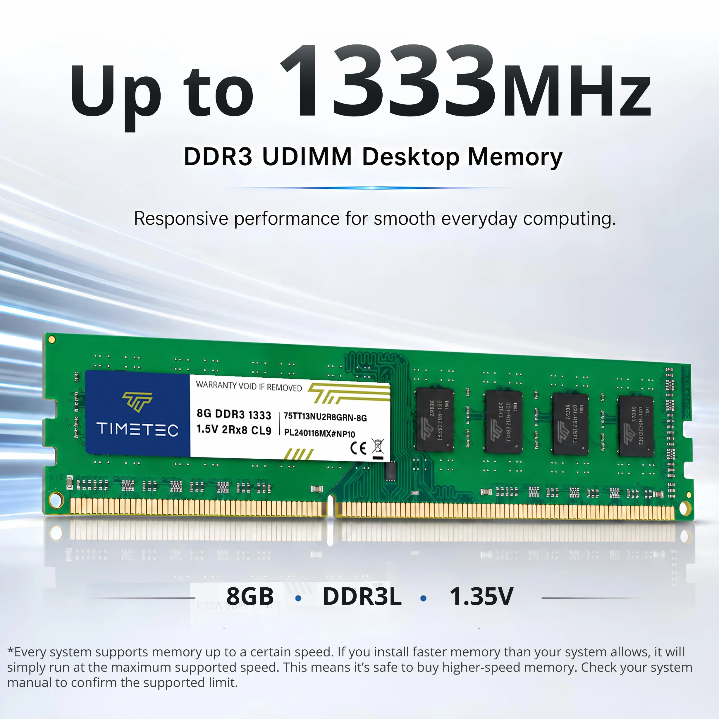 Timetec 8 GB DDR3 1333 MHz PC3-10600 sin ECC sin búfer 1.5 V CL9 2Rx8 Dual Rank 240 Pin UDIMM Módulo RAM de Memoria de computadora Actualización