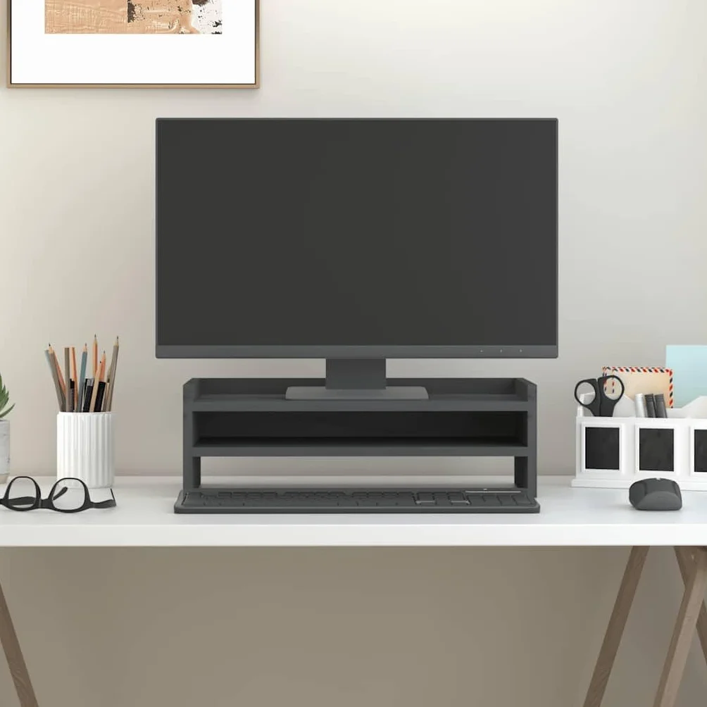 Soporte para monitor gris de madera maciza de pino, 50 x 24 x 16 cm, accesorio de escritorio con estante, elevador ergonómico para PC, portátil, oficina, oficina en casa y juegos