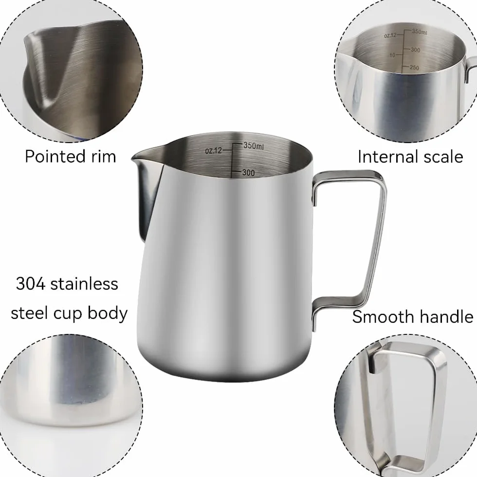 Jarra de leche barista acero inoxidable 304 espumadora con marcas de medición 350 ml para capuchino y espresso