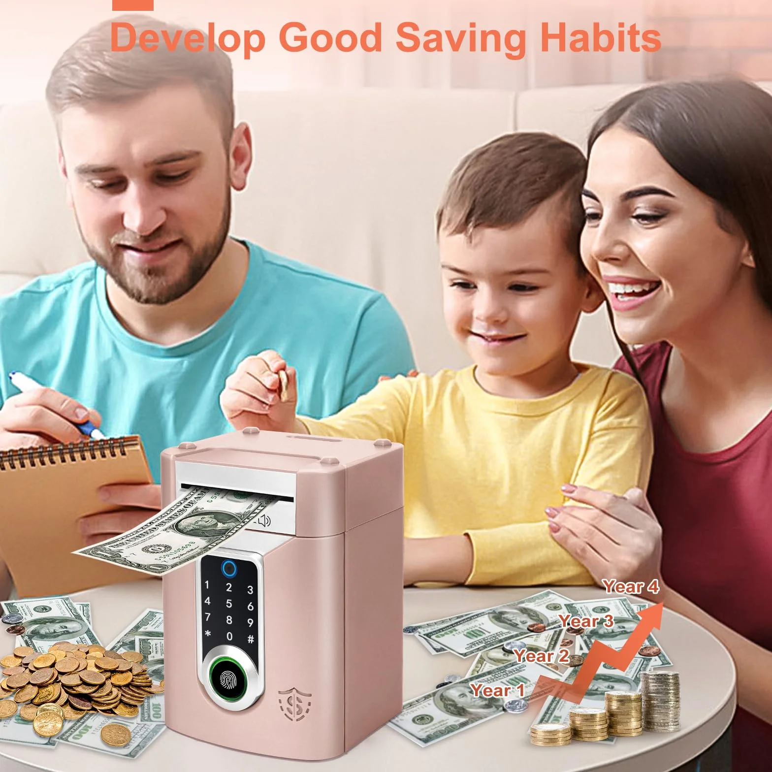 Highttoy Hucha Caja Fuerte con Pantalla Táctil y Huella Dactilar, Cajero Automatico para Niños 3-12 Años, Oro Rosa
