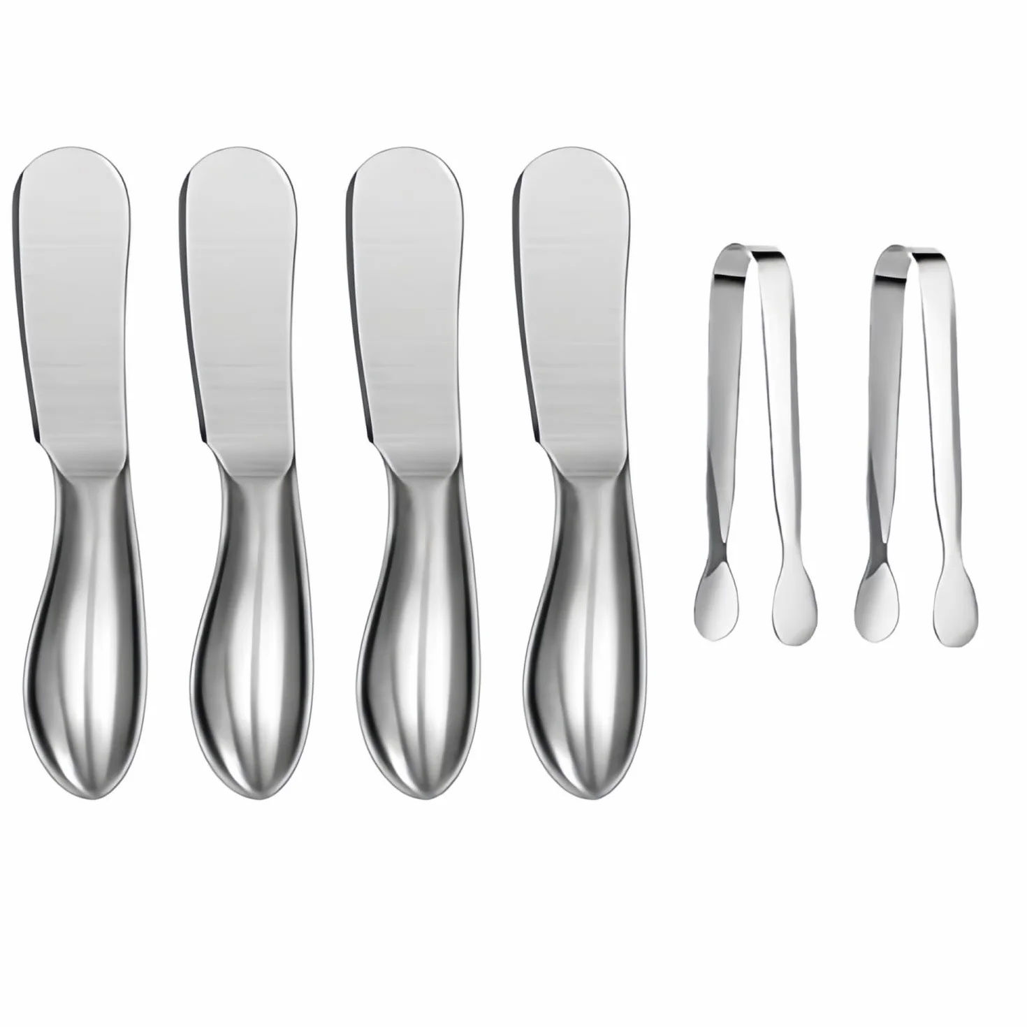 Juego de cuchillos esparcidores, 6 cuchillos esparcidores de queso y mantequilla, mini pinzas para servir, cuchillos de mantequilla multiusos de acero inoxidable (plateado)