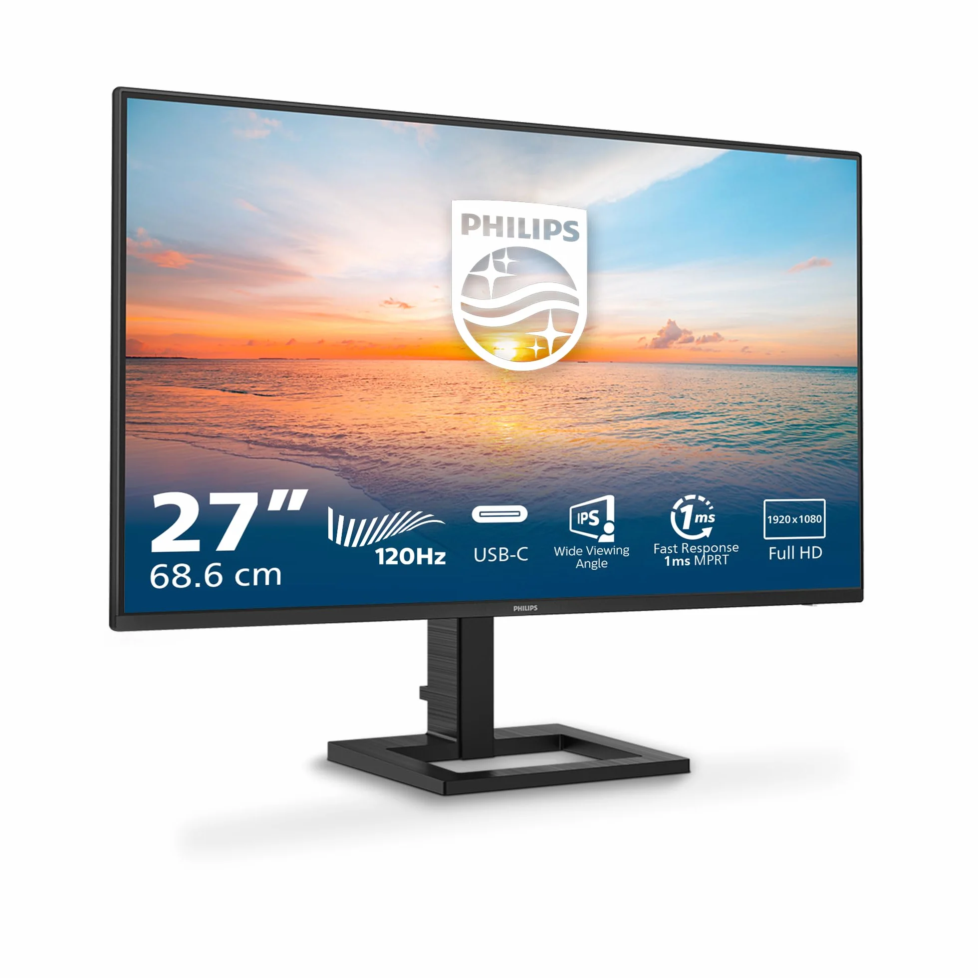 Philips 27E1N1300AM - Monitor FHD de 27 Pulgadas, Altura Regulable, Altavoces (1920x1080, 120 Hz, HDMI, USB-C (65W Power Delivery), Hub USB) Negro