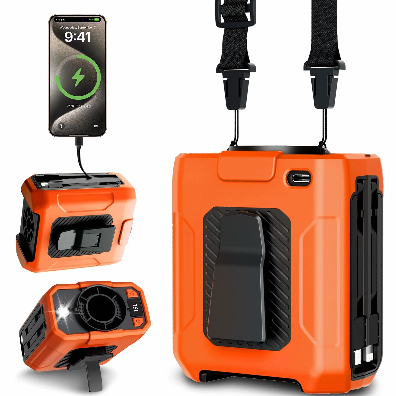 Uplayteck Ventilador de Cintura portátil, 5 Velocidades, 18.000 RPM, Batería de 10.000 mAh Hasta 35 Horas de Autonomía, Powerbank y Linterna, Refrigeración Rápida Ventilador Camiseta (Naranja)