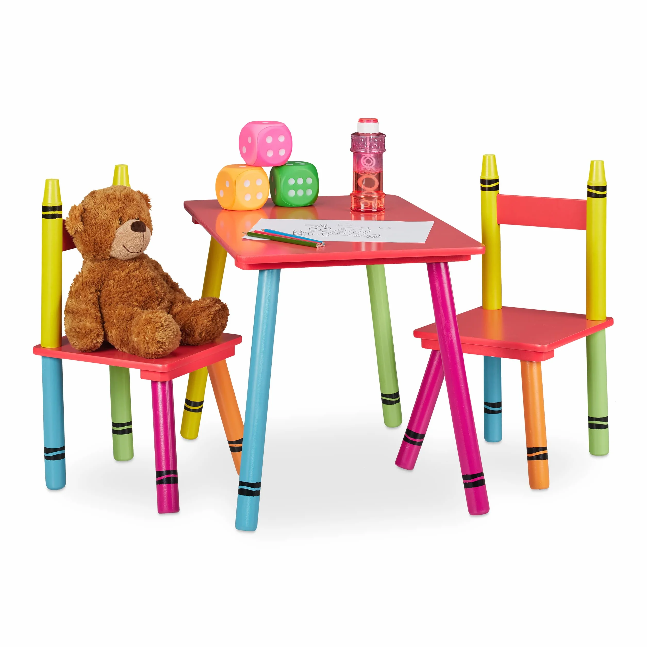 Relaxdays Mesa y Sillas Infantiles Crayones 2 Asientos MDF Madera Multicolor