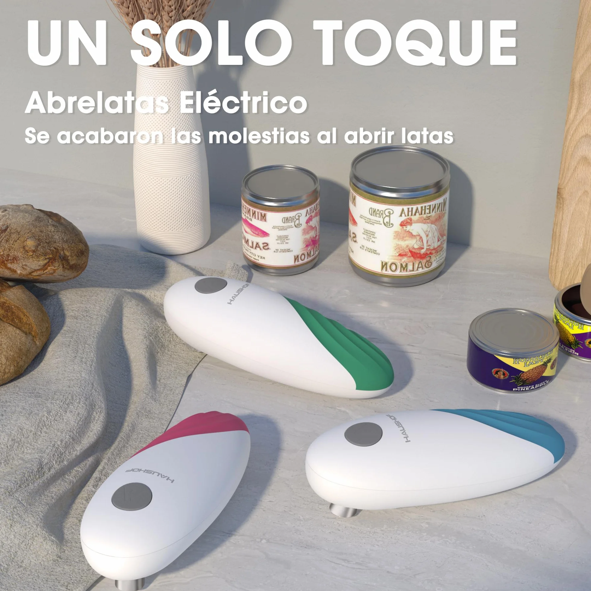 HAUSHOF Abrelatas Eléctrico Automático Inalámbrico, para Personas Mayores y Cocineros, Manos Libres, Azul