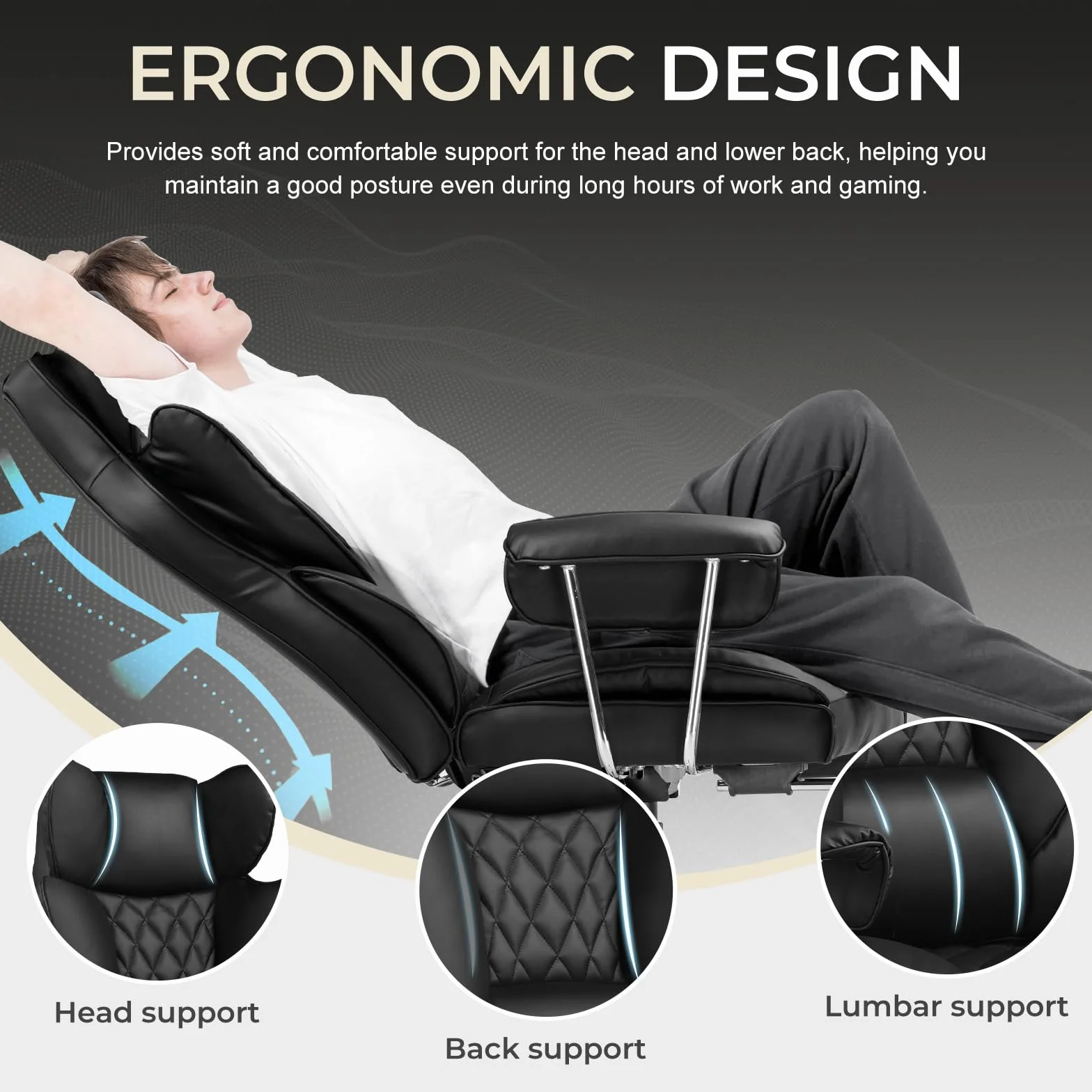 GTPLAYER Silla Gaming Ergonómica Reclinable con Reposapiés, Altura Regulable, Negro