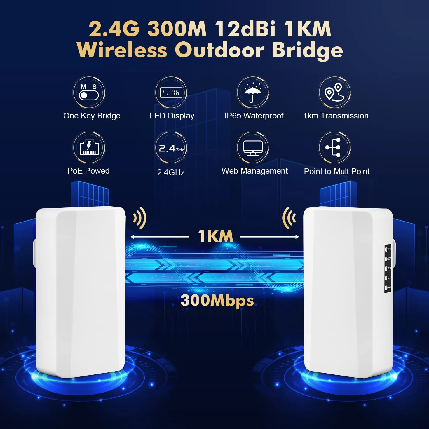 WiFi Bridge Puente inalámbrico para Exterior, Puente inalámbrico inalámbrico inalámbrico con conexión Ethernet de 2,4 GHz 500 m a 1 km de Distancia, 100 Mbps Adaptador PoE de 24 V