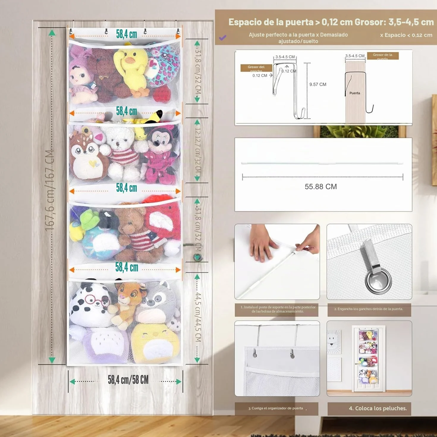 Organizador Colgante Sobre La Puerta Almacenamiento Red Hamaca Para Animales De Peluche Dormitorio Cuarto Niños