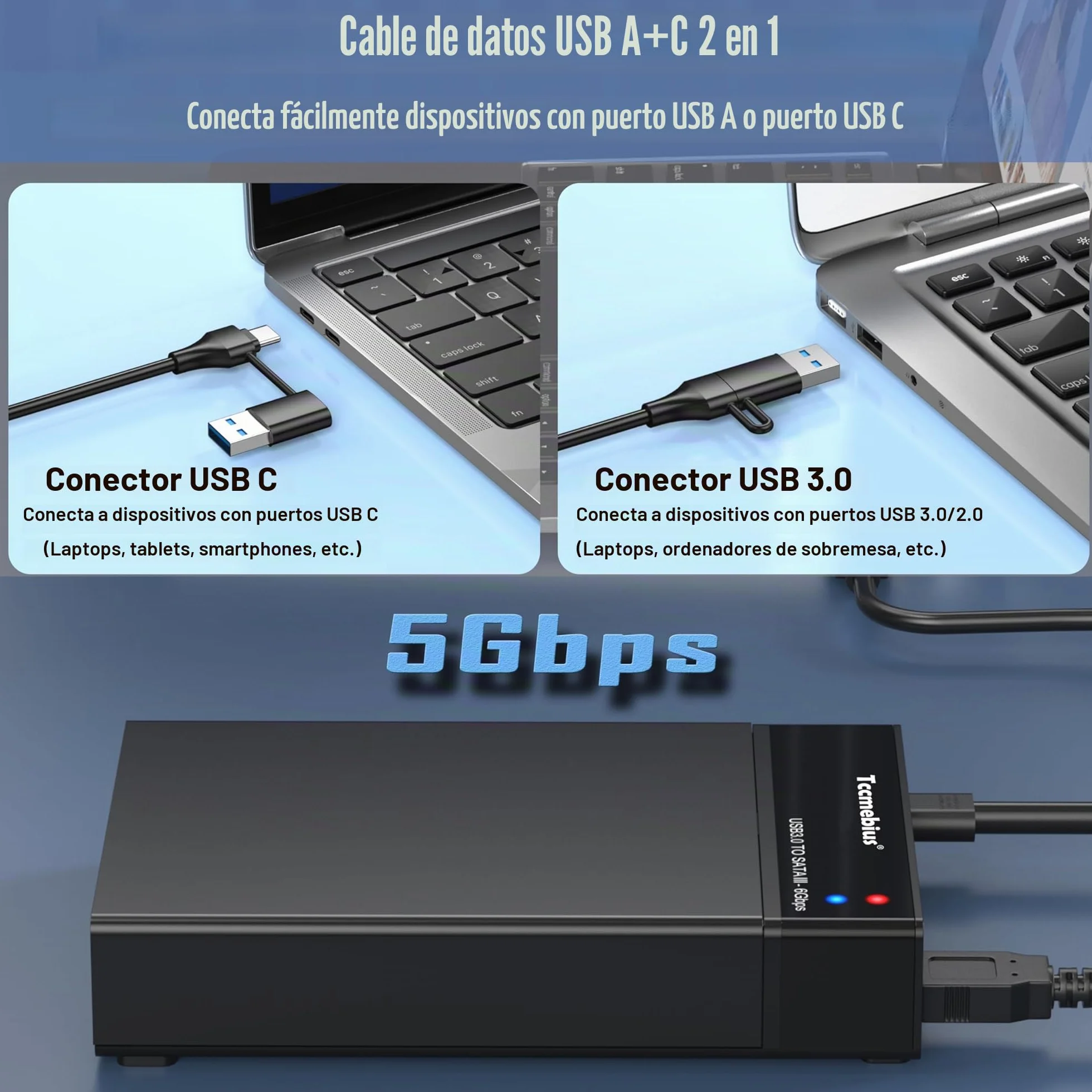 Carcasa Disco Duro, USB 3.0 Caja 3.5 Externo para 2,5 3,5 Pulgadas SATA HDD SSD hasta 22TB, con Adaptador de Corriente 12V3A Cable USB A/C, Soporte UASP Función de sueño automática (TCC-S8)