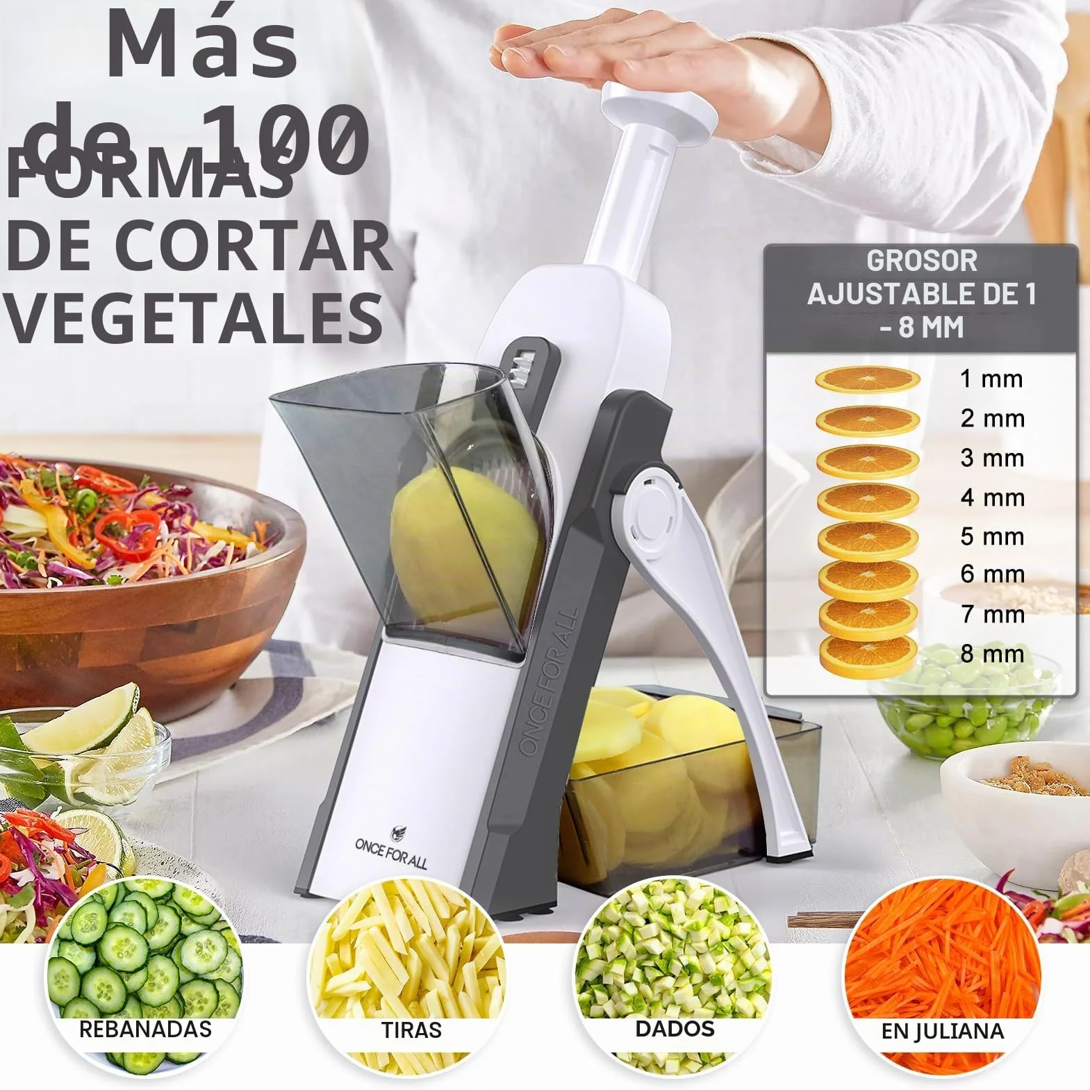 ONCE FOR ALL Mandolina de Cocina Manual Cortador de Verdura Multifuncional Acero Inoxidable Gris