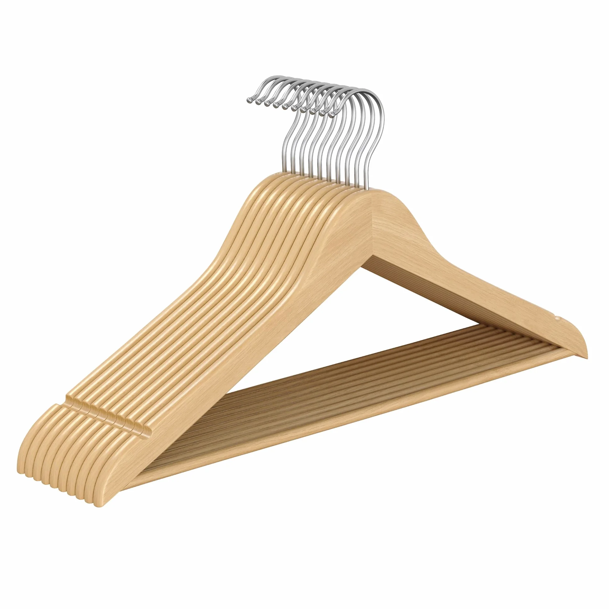 SONGMICS Percha de Madera, Juego de 10, Delgada, Muescas en Hombros, Percha para Pantalones, Gancho Giratorio 360°, Ahorra Espacio, Madera de Abedul, Tirantes y Chaquetas, Beige Natural CRW035KZ01