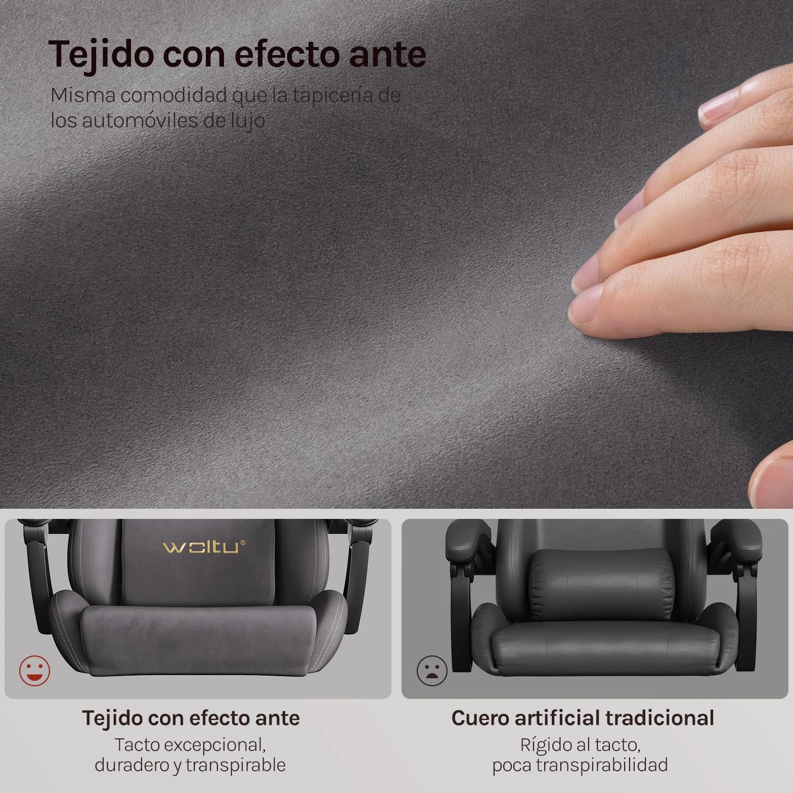 WOLTU Silla Gaming con Soporte Lumbar Ergonómica Oficina Giratoria Reposapiés Tela Ante Gris