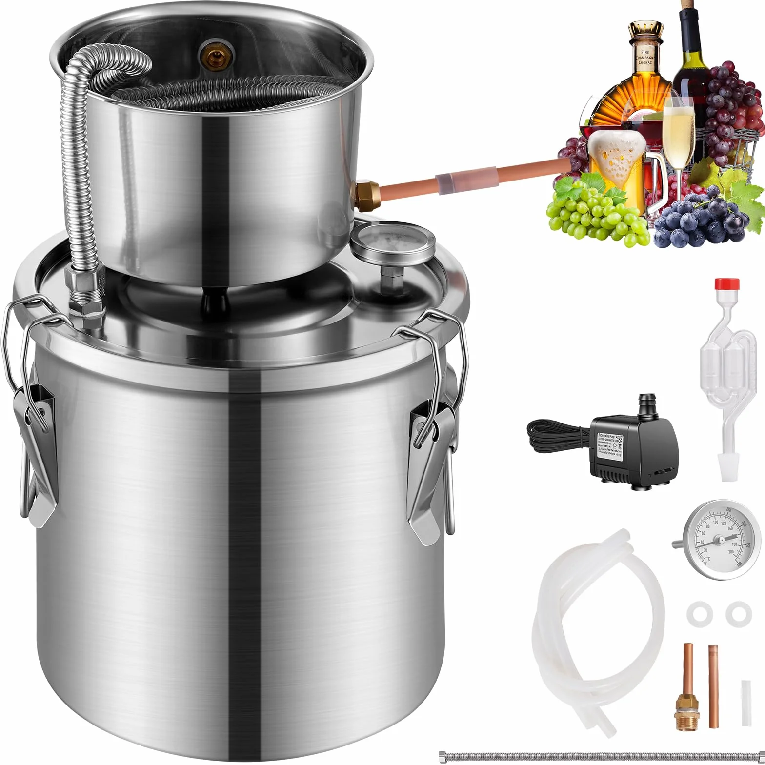 VEVOR Destilador de Alcohol de Acero Inoxidable 11,4 L Kit Fermentación Cerveza Casera con Termómetro Doble Pantalla