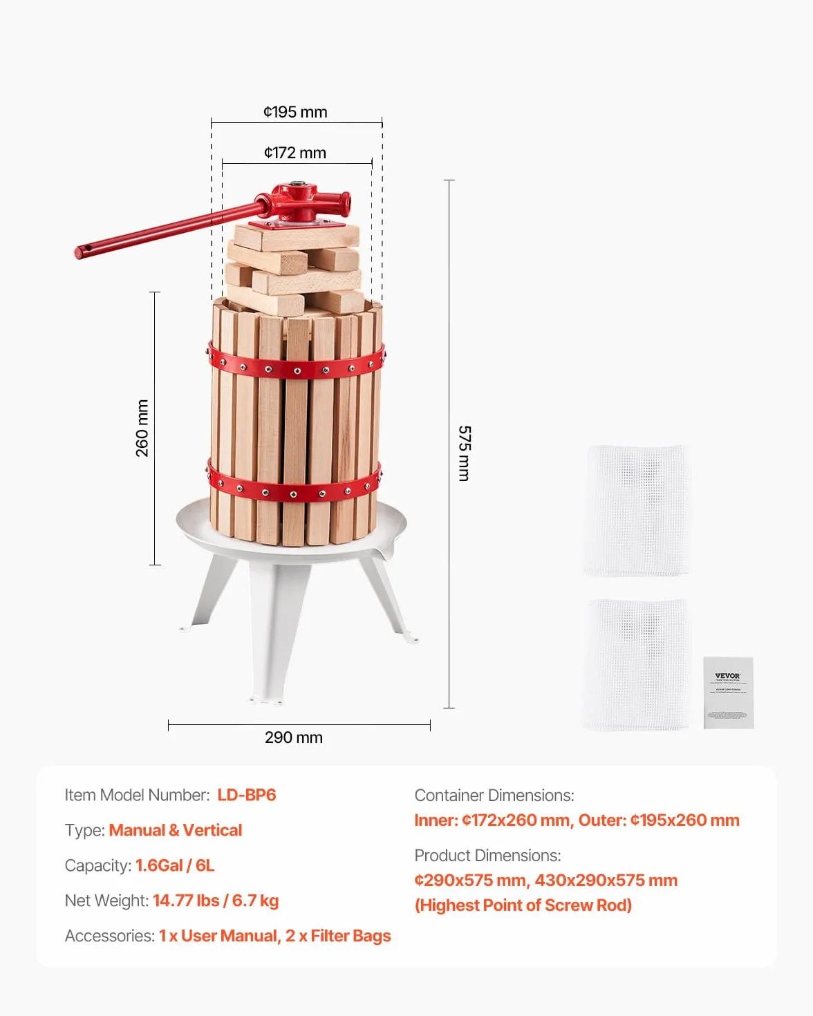 VEVOR Prensa de Vino de Frutas 6 L, Cesta de Madera Maciza, Exprimidor Manual, para Sidra, Manzana, Uva