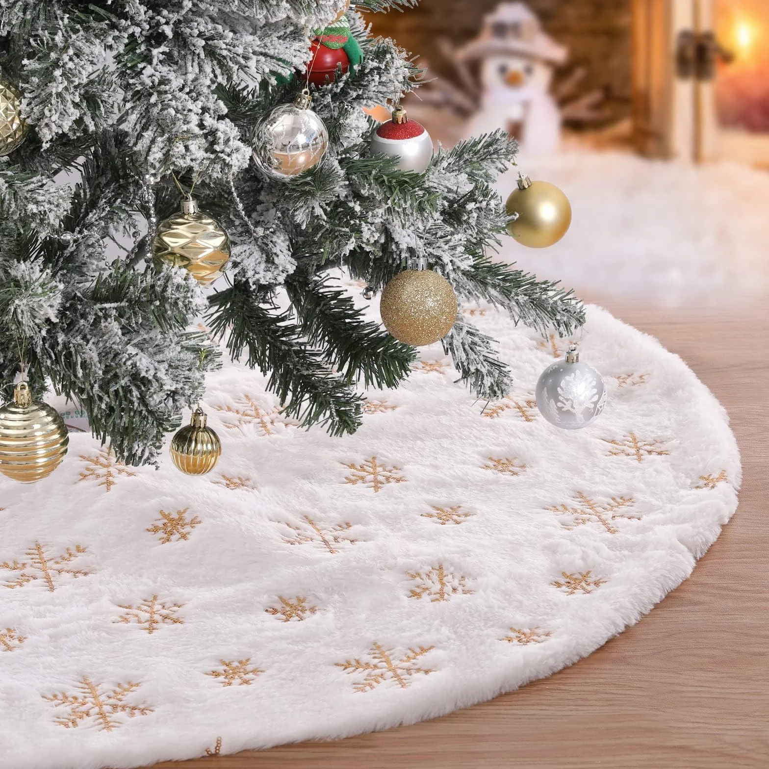 Falda para Árbol de Navidad de Felpa Blanca Suave 90 cm Copos de Nieve Dorados Extra Gruesa