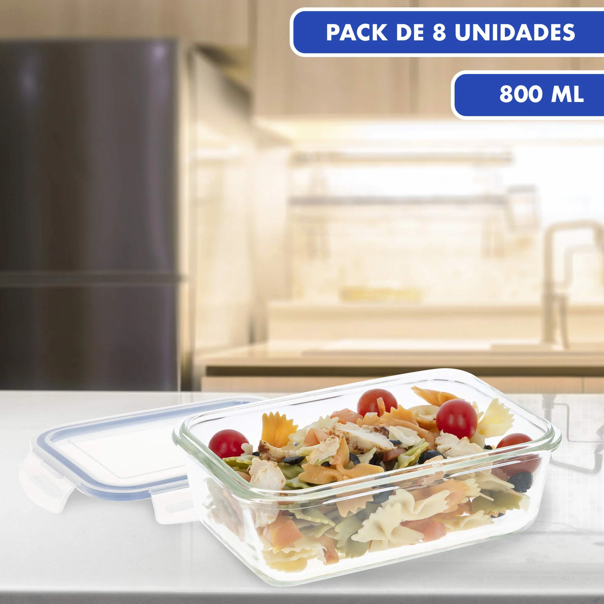 Pack 6 Recipientes Herméticos de Vidrio, táper Cristal Apto para Microondas, 800 ml, Envases para Comida con Cierre