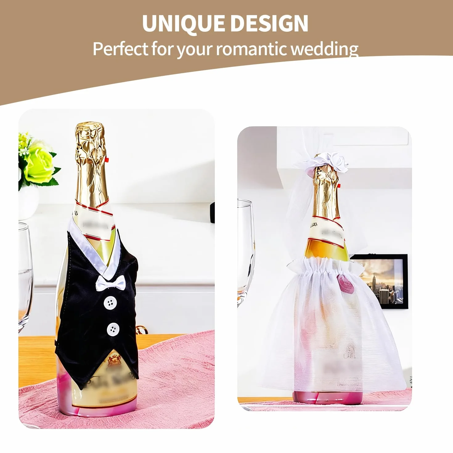 Decoraciones para Botellas de Vino de Boda, Juego de 2, Ajustables para Novios, Champagne