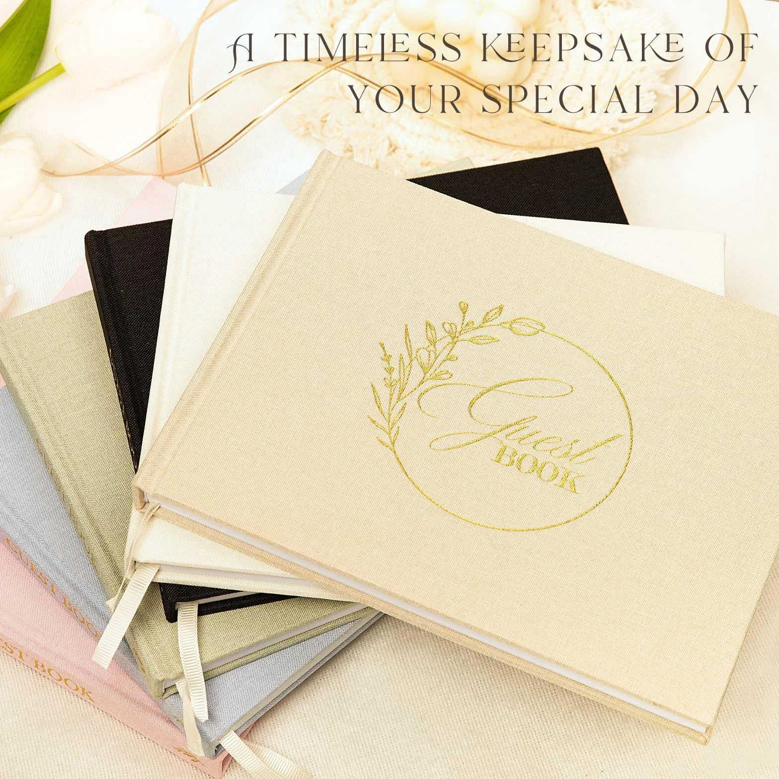 Libro de Visitas de Boda en Blanco de Lino, Libro Firmas para Bodas, Aniversario, Bautizos, Cumpleaños, Álbum de Invitados (108 Páginas, Verde)