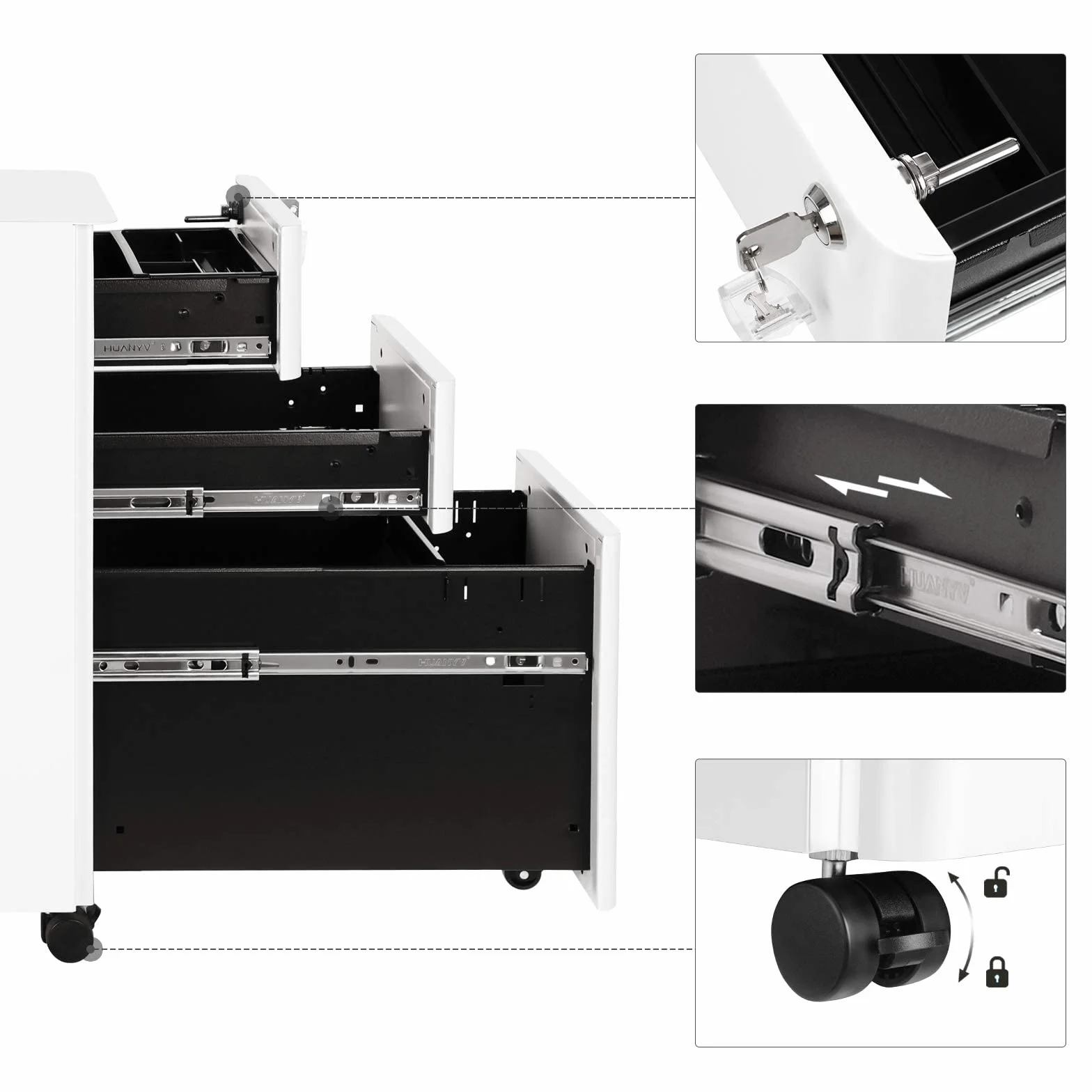 SONGMICS Cassettiera da Ufficio con Rotelle e Serratura Bianco OFC030W01