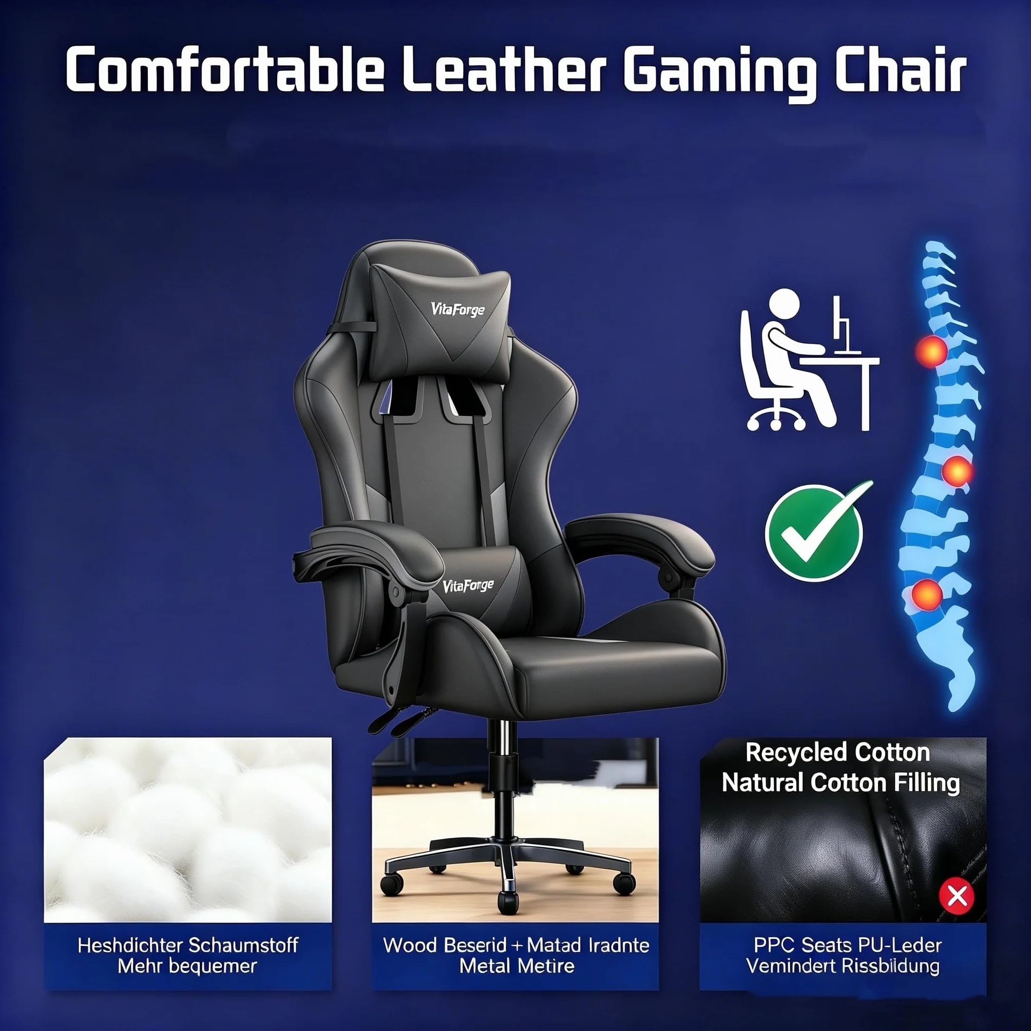 Silla de Gaming Ergonómica con Soporte Lumbar, Apoya-Cabezas y Ajuste de Altura - Cuero PU, Negra