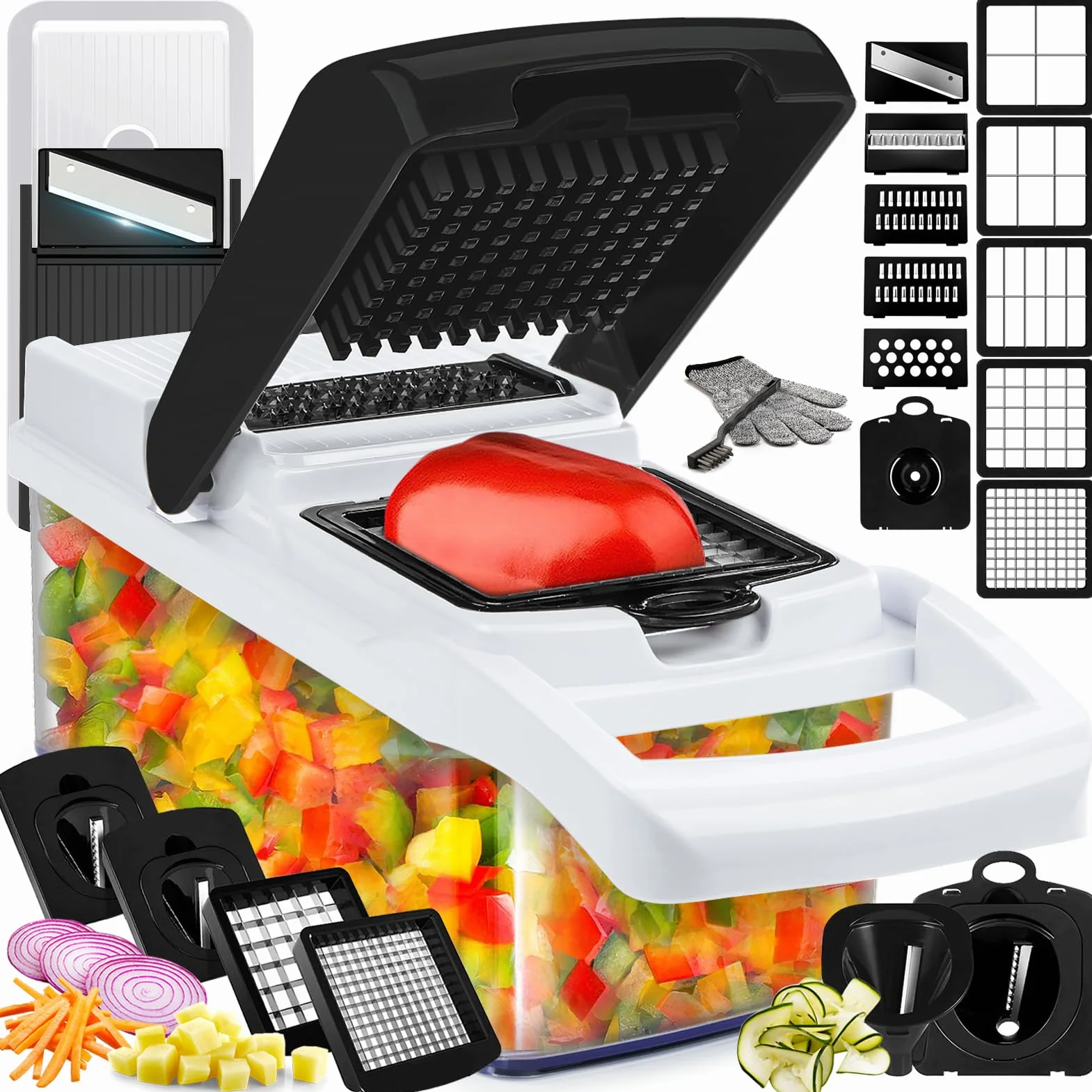 Picador de verduras y mandolina 25 en 1 – Picador de alimentos con recipiente y espiralizador de verduras – Cortador de verduras, cortador de verduras, cortador y rebanador para ensalada, cebolla,